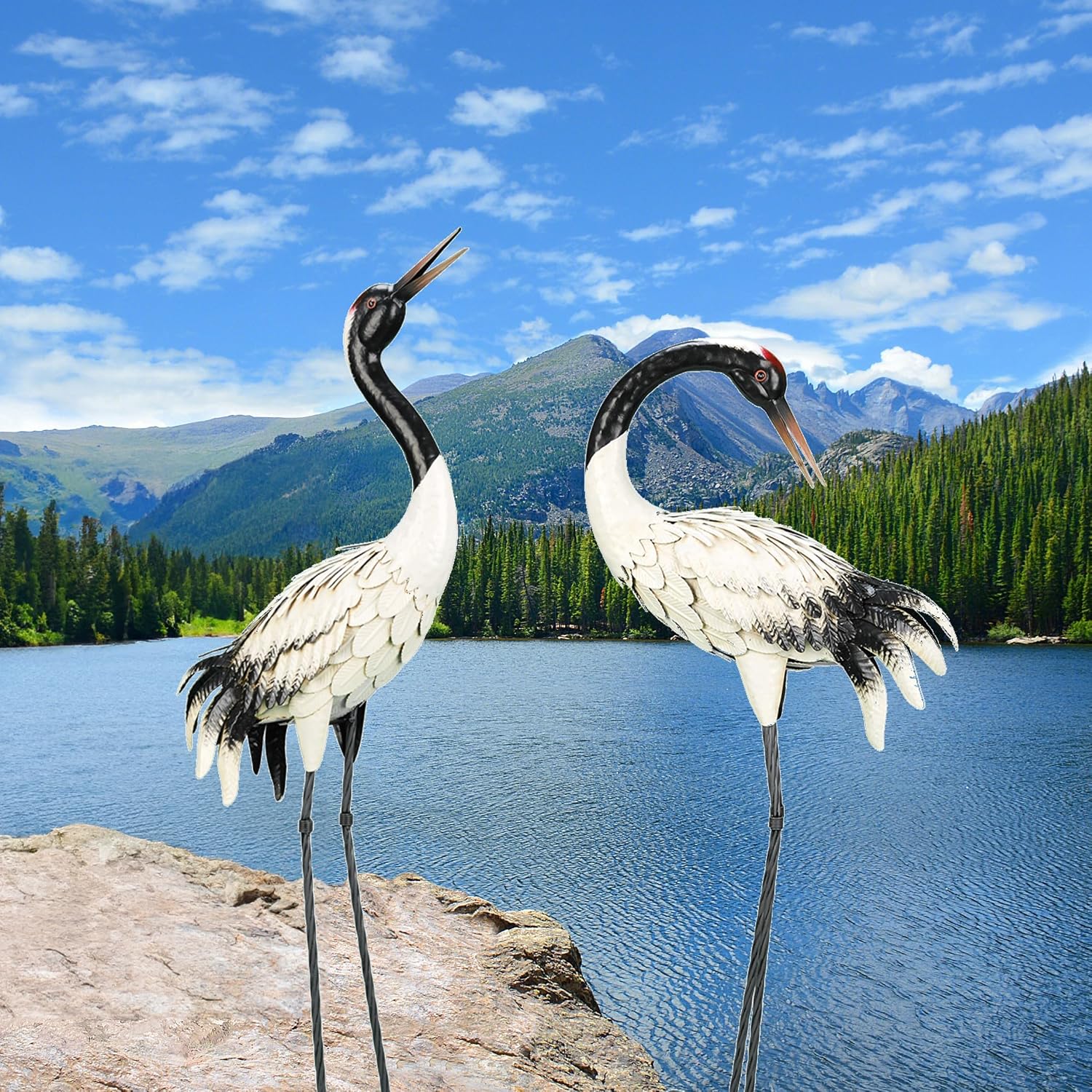 chisheen Garden Crane Statues Outdoor Heron Red Crowned Crane Metal Yard Art Sculpture,Set of 2