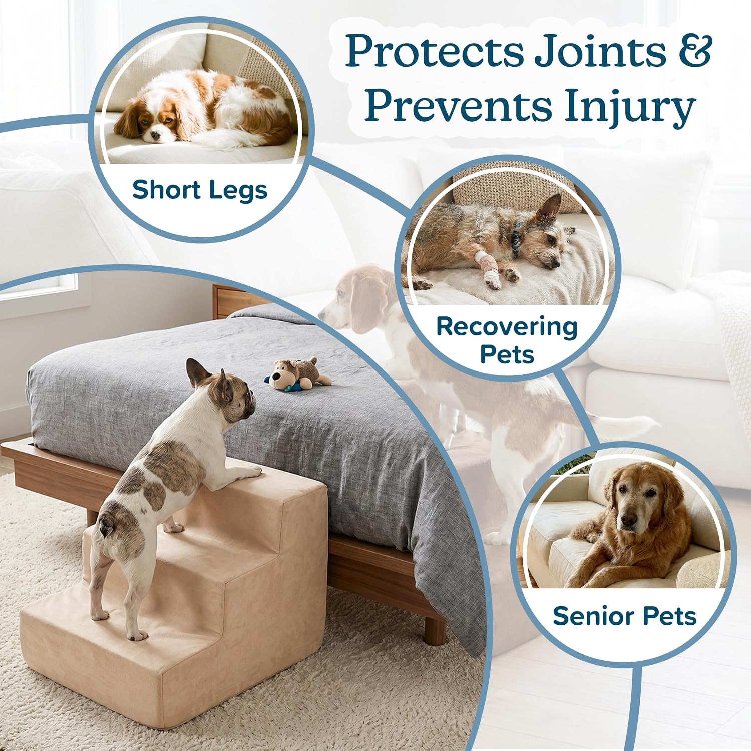 3-Step Pet Stairs - Nonslip Foam Dog and Cat Steps with Removable Zippered Microfiber Cover - 2-Tone Design for Home or Vehicle Use by PETMAKER (Tan) | 3-Step Pet Steps for High Bed and Couch - Pet Stairs with Nonslip Bottom, High-Density Foam, and Remov…