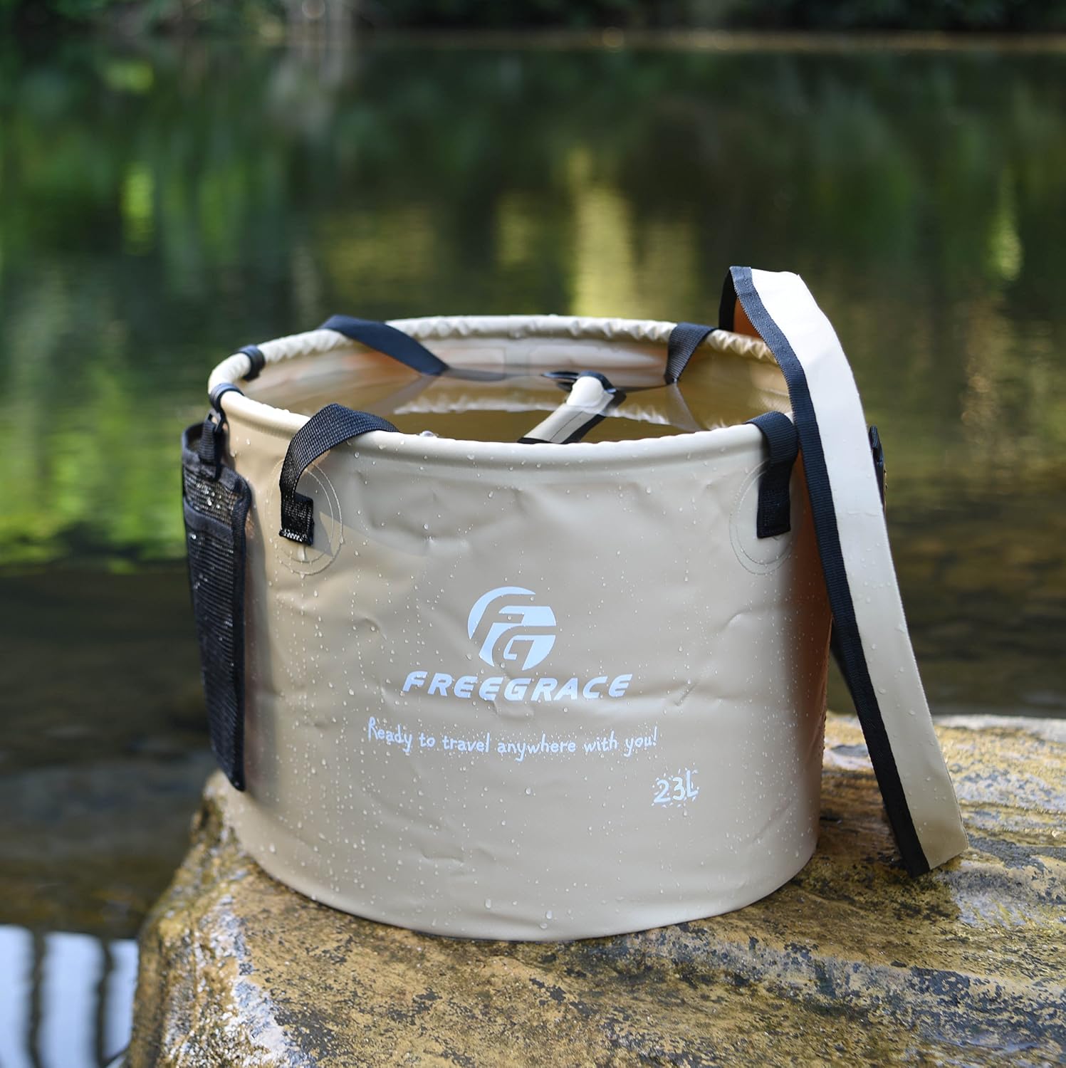 Freegrace Collapsible Bucket with Mesh Tool Pocket - 10L, 16L & 23L Portable Folding Water Container - Heavy Duty 500D Tarpaulin, BPA-Free Wash Basin for Camping, Fishing, RV, and Car Washing