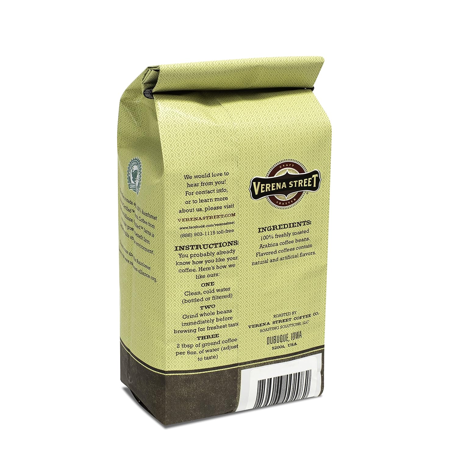 Verena Street 12 Ounce Flavored Ground Coffee, Mississippi Grogg, Medium Roast, Rainforest Alliance Certified Arabica Coffee