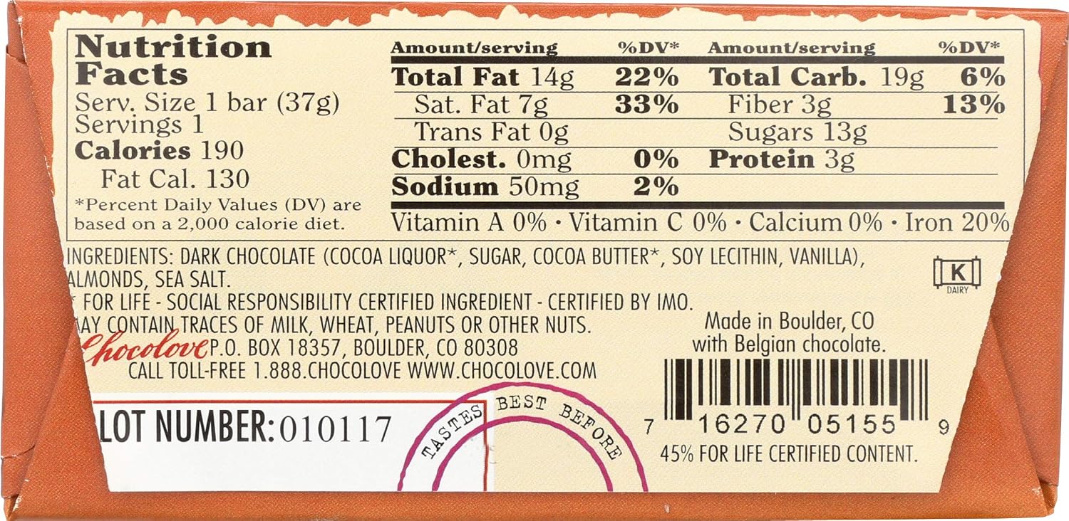 Chocolove Chocolate Bar, Almonds & Sea Salt in Dark Chocolate, 1.3 Ounce (Pack of 12)