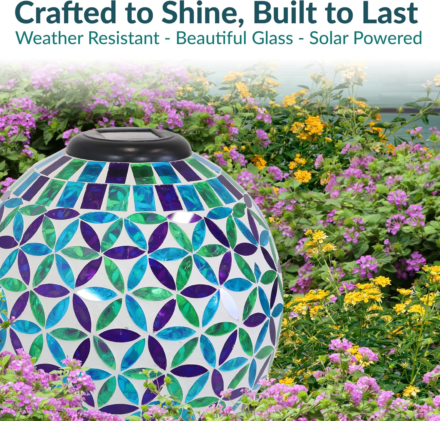 Sunnydaze Solar Gazing Ball for Garden, Mosaic Cool Blooms