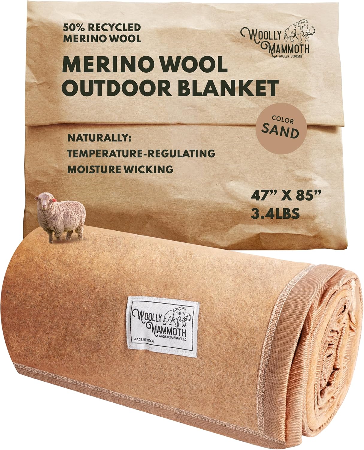 Woolly Mammoth Woolen Company Merino Wool Blanket, 66" x 90" Moss | Temperature Regulating - Fire-Resistant - Warm Camping Blanket for Car Emergency Kits, Picnics, Summer Festivals and Stadiums