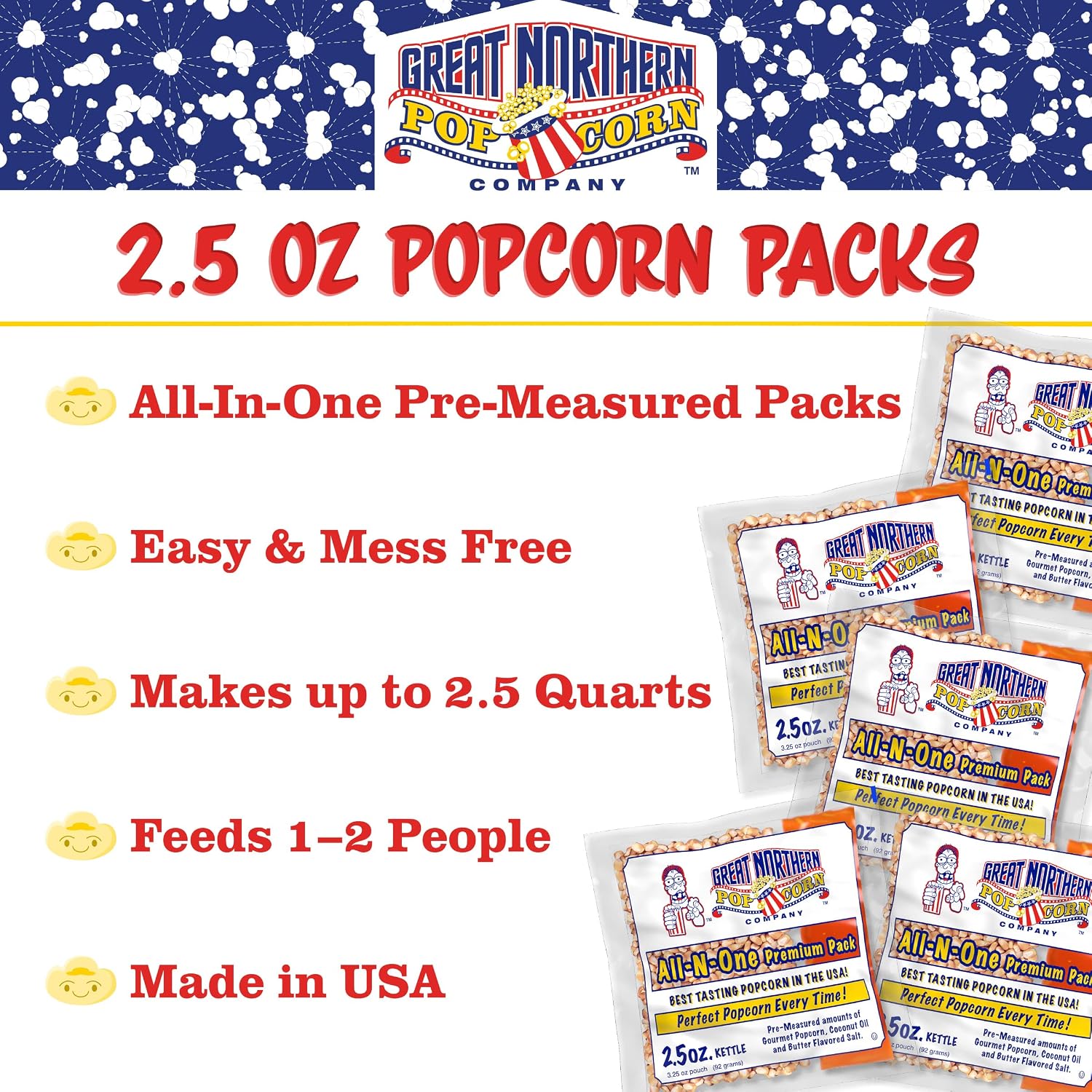 Movie Theater Style 40-Count Popcorn Packs - Pre-Measured 8-Ounce All-in-One Kernel, Salt, Oil Packets for Popping Machines by Great Northern Popcorn | All-in-One Pre-Measured Kernels, Butter Flavored Salt, and Coconut Oil Packets for 8oz Kettle - Movie…