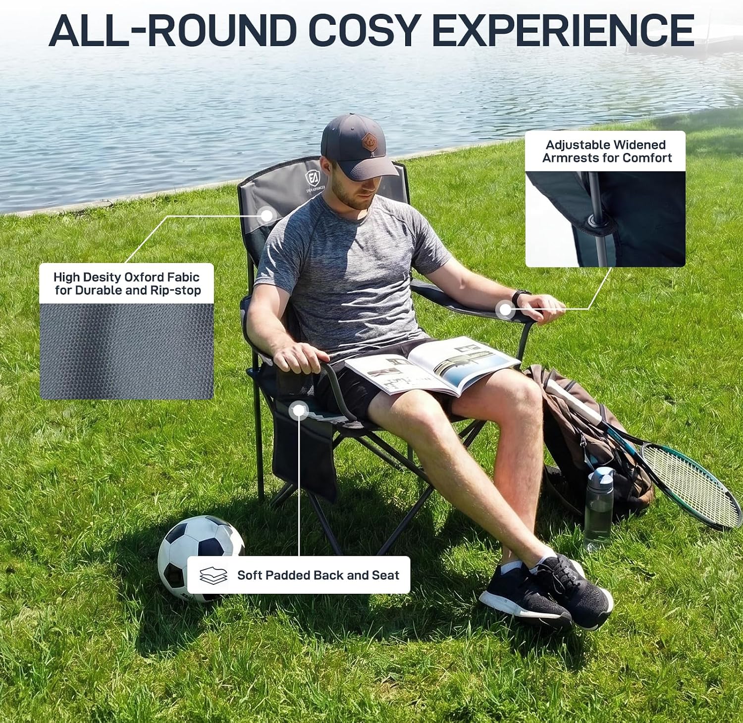EVER ADVANCED High Back Folding Camping Chair Oversized and Fully Padded, Portable Quad Camp Lawn Chair Up to 400 lbs, with Cup Holder Armrest Carrying Bag