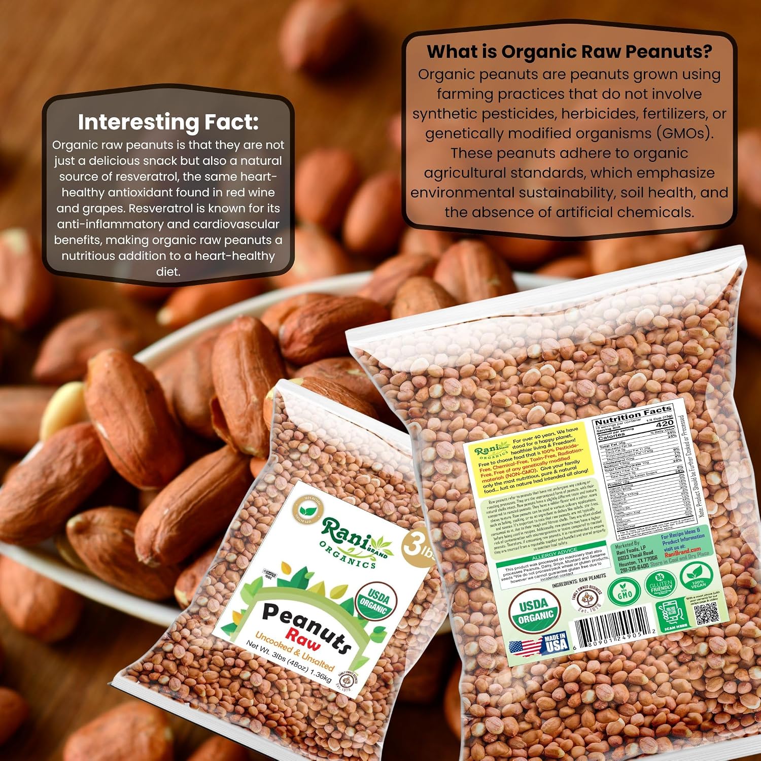 Rani Peanuts, Raw Whole With Skin (uncooked, unsalted) 14oz (400g) ~ All Natural | Vegan | Kosher | Gluten Friendly | Fresh Product of USA ~ Spanish Grade Groundnut/Red-skin