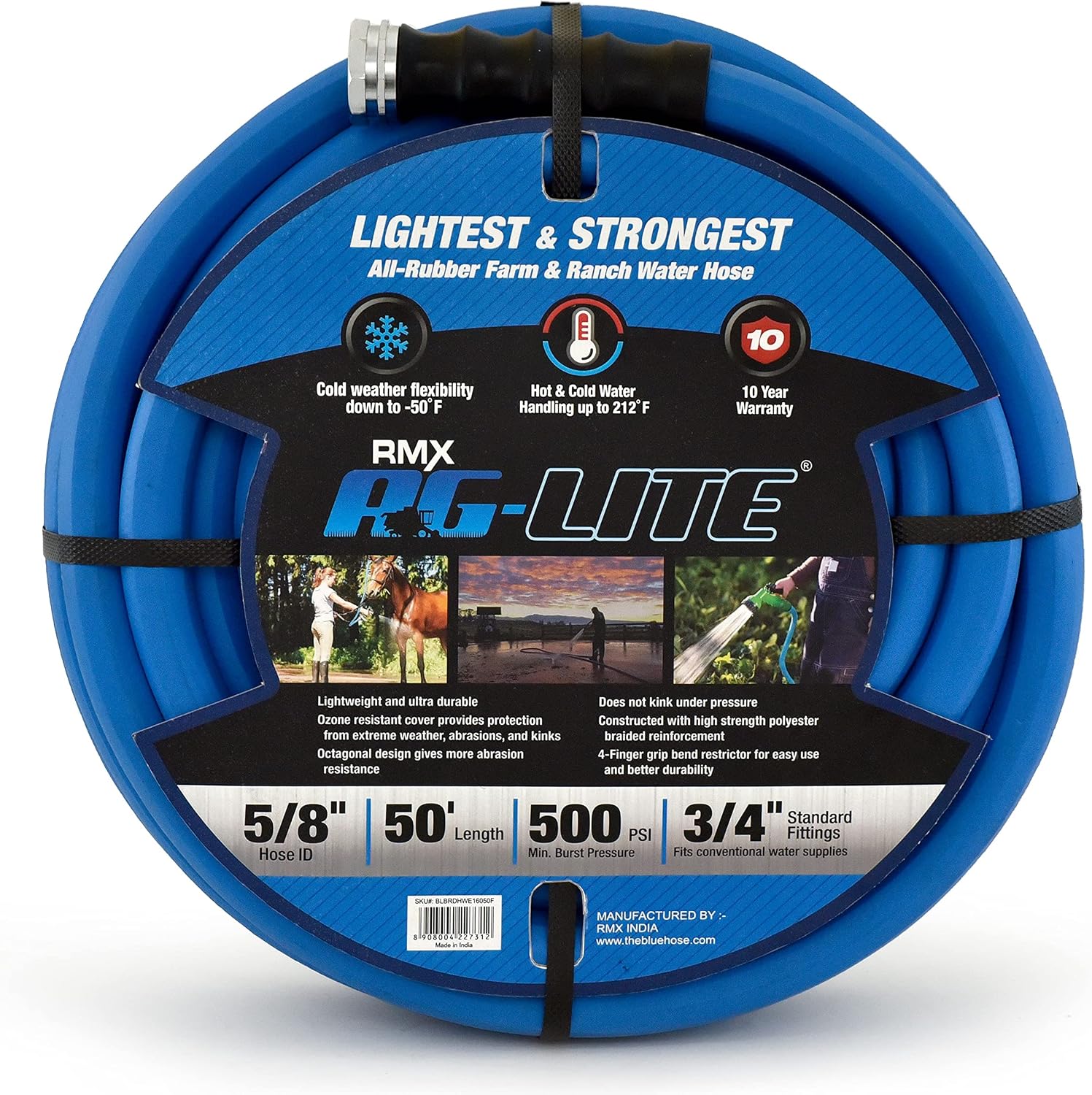 AG-LITE BSAL5825 5/8" x 25' Hot/Cold Water Rubber Garden Hose, 100% Rubber, Ultra-Light, Super Strong, 500 PSI, 50F to 190F Degrees, High Strength Polyester Braided