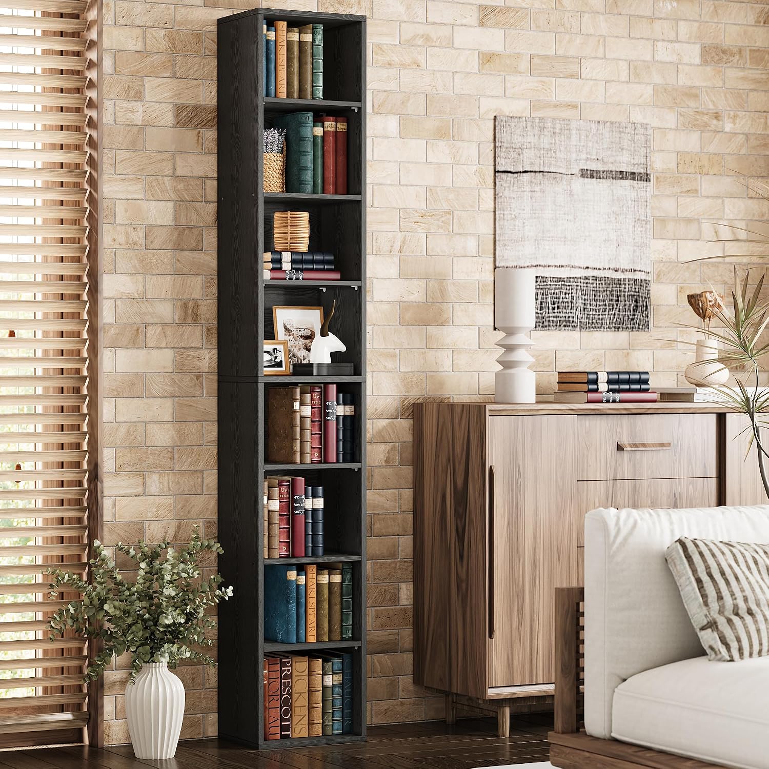 IRONCK Tall Narrow Bookshelf 8 Tiers, Compact Corner Bookcase, Floor Standing Display Storage Shelves 71 in Tall, Easy to Match for Living Room, Office, Study, Bedroom