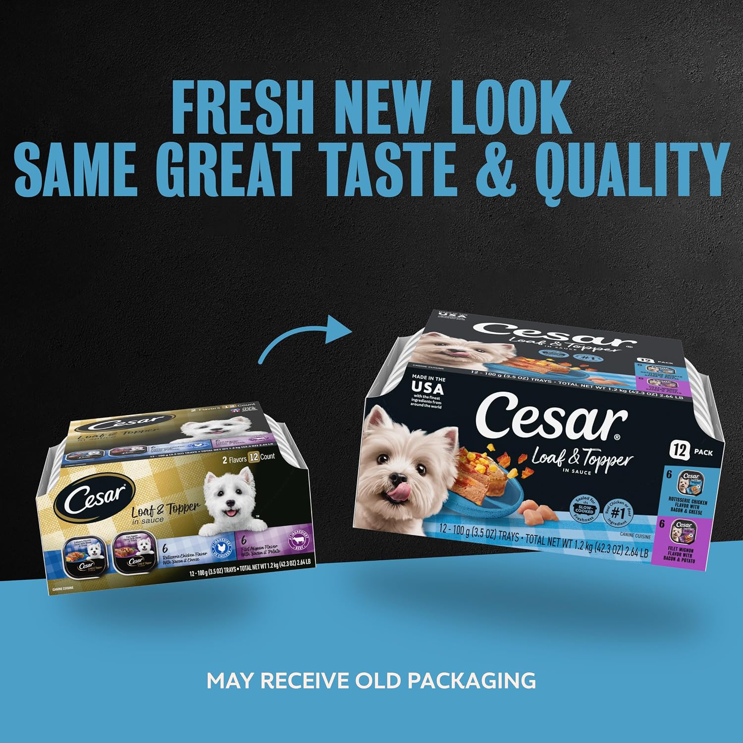 Cesar Loaf & Topper Wet Dog Food, Chicken & Filet, 3.5 oz, 12 Count, 2-Pack | Real beef or chicken #1 ingredient, no fillers or added sugar, no artificial flavors, complete & balanced, easy peel trays