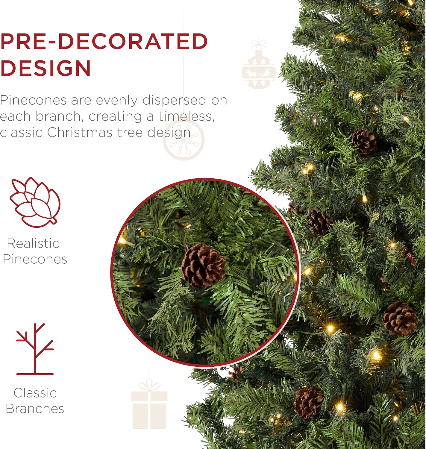 Best Choice Products 7.5ft Pre-Lit Pre-Decorated Pine Artificial Christmas Tree w/Twinkling LEDs, 1, 346 Flocked Frosted Tips, 80 Pinecones
