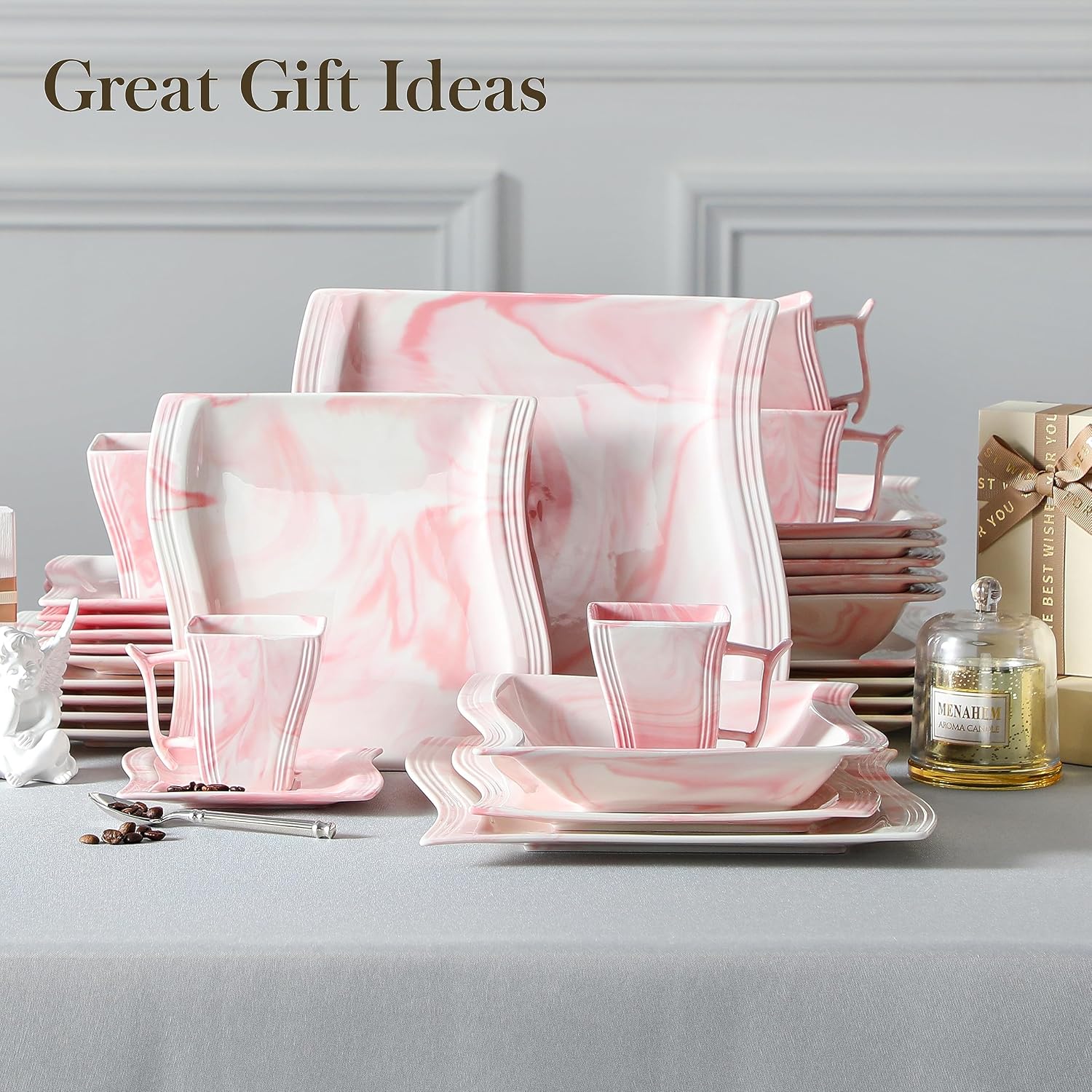 MALACASA Plates and Bowls Sets, 26 Pieces Ivory White Porcelain Dinnerware Sets without Mugs, Square Dinnerware with Dinner Plates, Bowls and Serving Platters, Modern Dish Set for 6, Series Flora