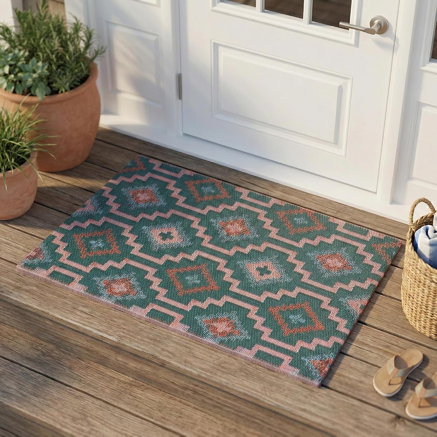 Fab Habitat Outdoor Rug - Waterproof, Fade Resistant, Crease-Free - Premium Recycled Plastic - Geo Tribal - Porch, Deck, Balcony, Mudroom
