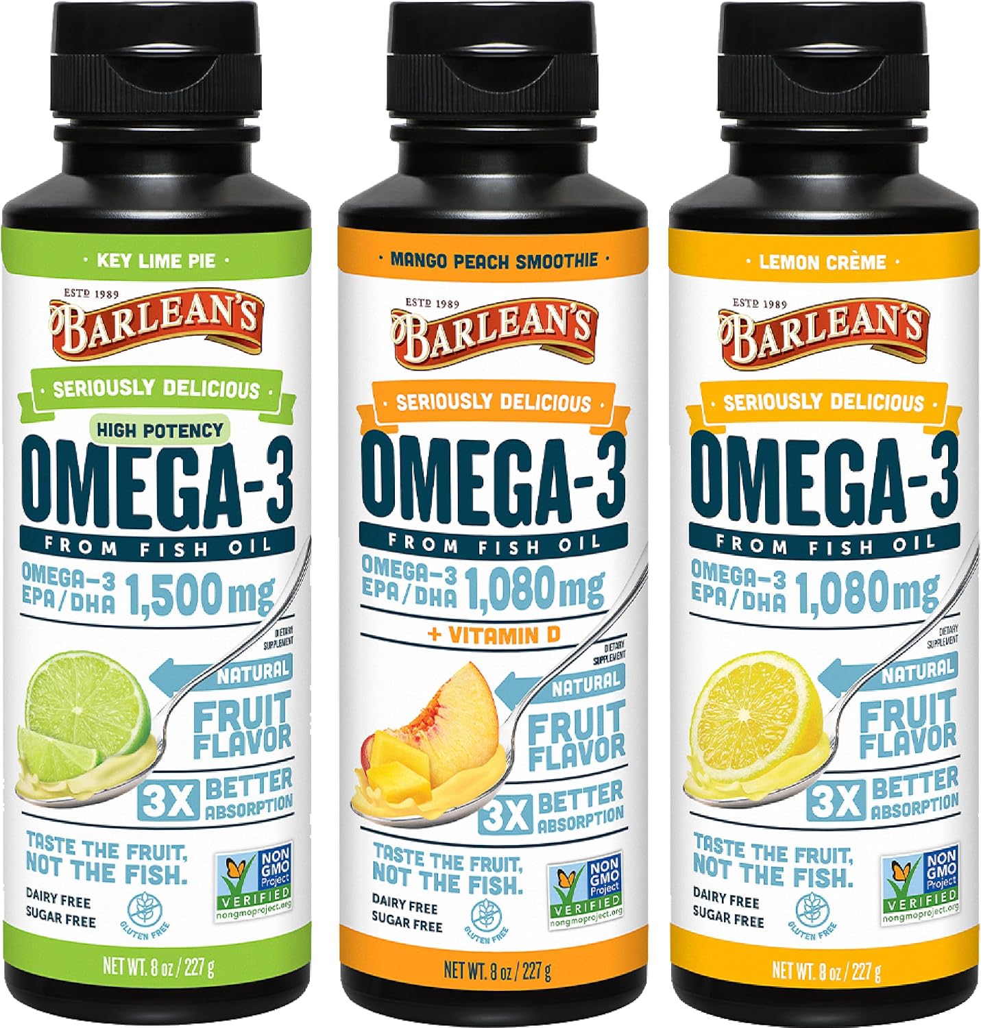 Barlean's Mango Peach Omega-3 Fish Oil, Vitamin D, 1080mg EPA & DHA, 8oz | Wild-caught fish oil plus vitamin D, EPA DHA omega-3, Burpless, Non-GMO, Gluten-free, Heart, brain, bone & immune