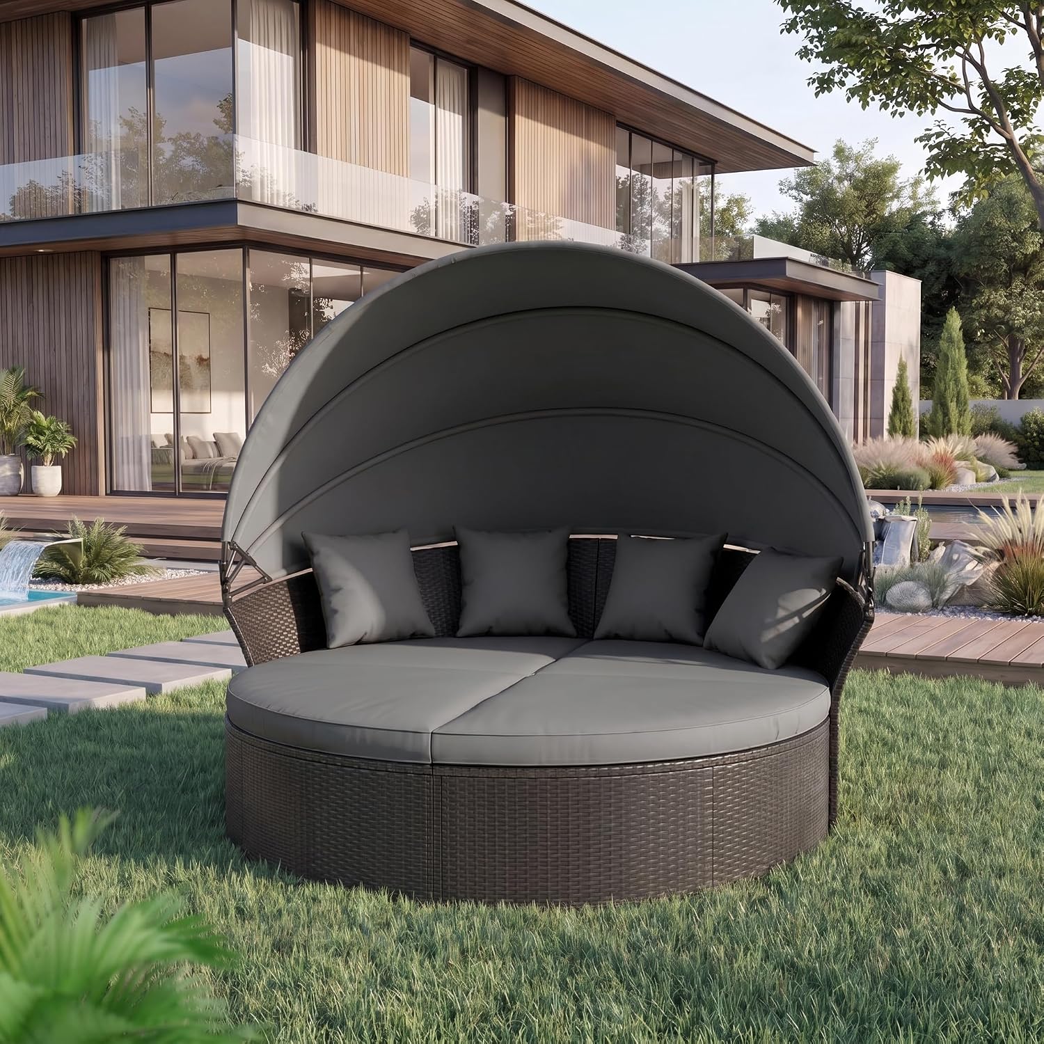 Outdoor Patio Furniture Canopy Daybed Round Sofas, 4 Pieces Seating Separates Cushioned Seats, Black Wicker, Lawn Poolside Garden, Grey