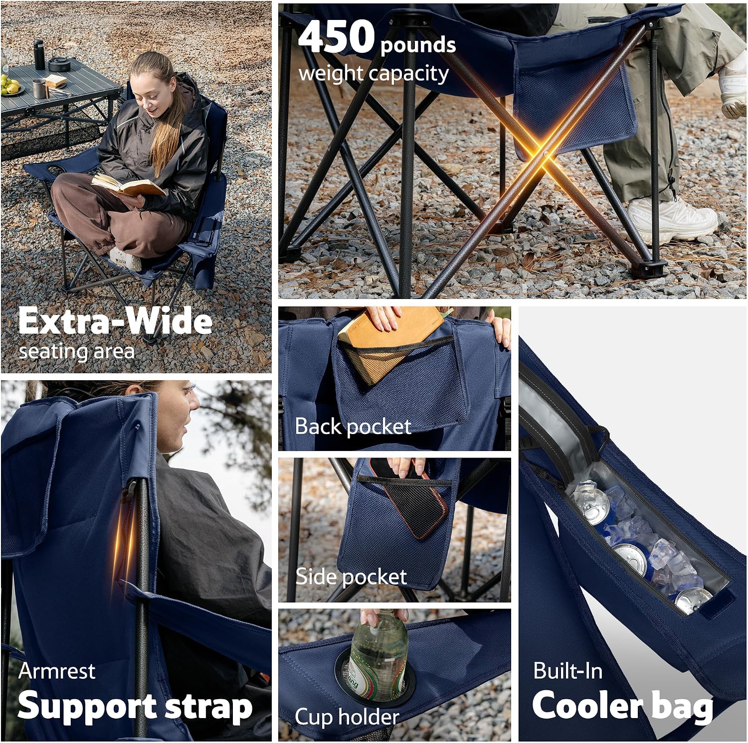 Naturehike Oversized Camping Chair with Cooler Bag, Heavy Duty Lawn Chair Support 450 LBS, Portable Padded Outdoor Folding Chair, 2 Pack