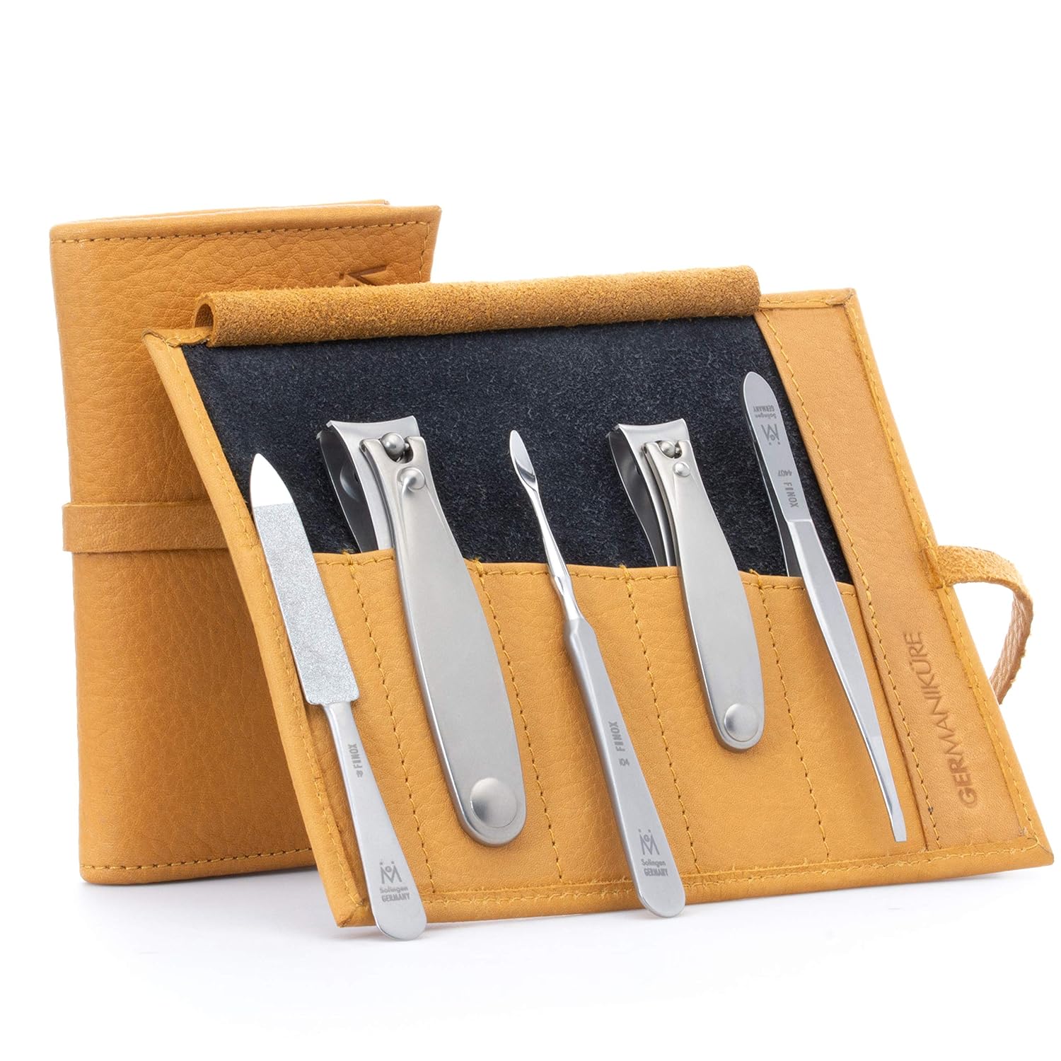 GERMANIKURE 4pc Manicure Nail Care Kit, Solingen Germany, Yellow Suede Roll