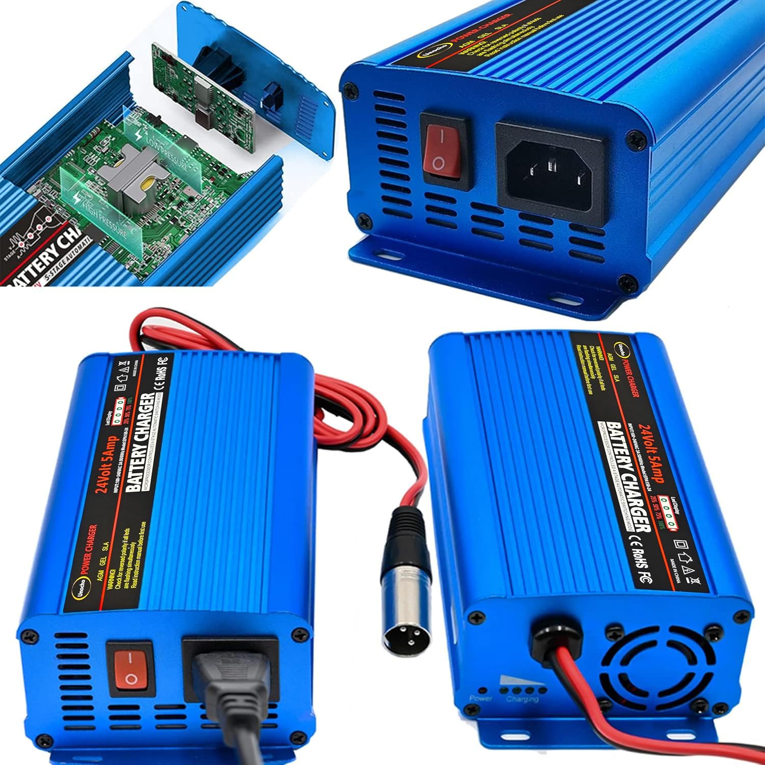 Unocho 24V 5A Battery Charger Maintainer 4-Stage Smart Lead-Acid Charger with 3-Pin XLR Connector Power Switch and LED Display for Wheelchairs Mobility Scooters AGM Gel SLA VRLA