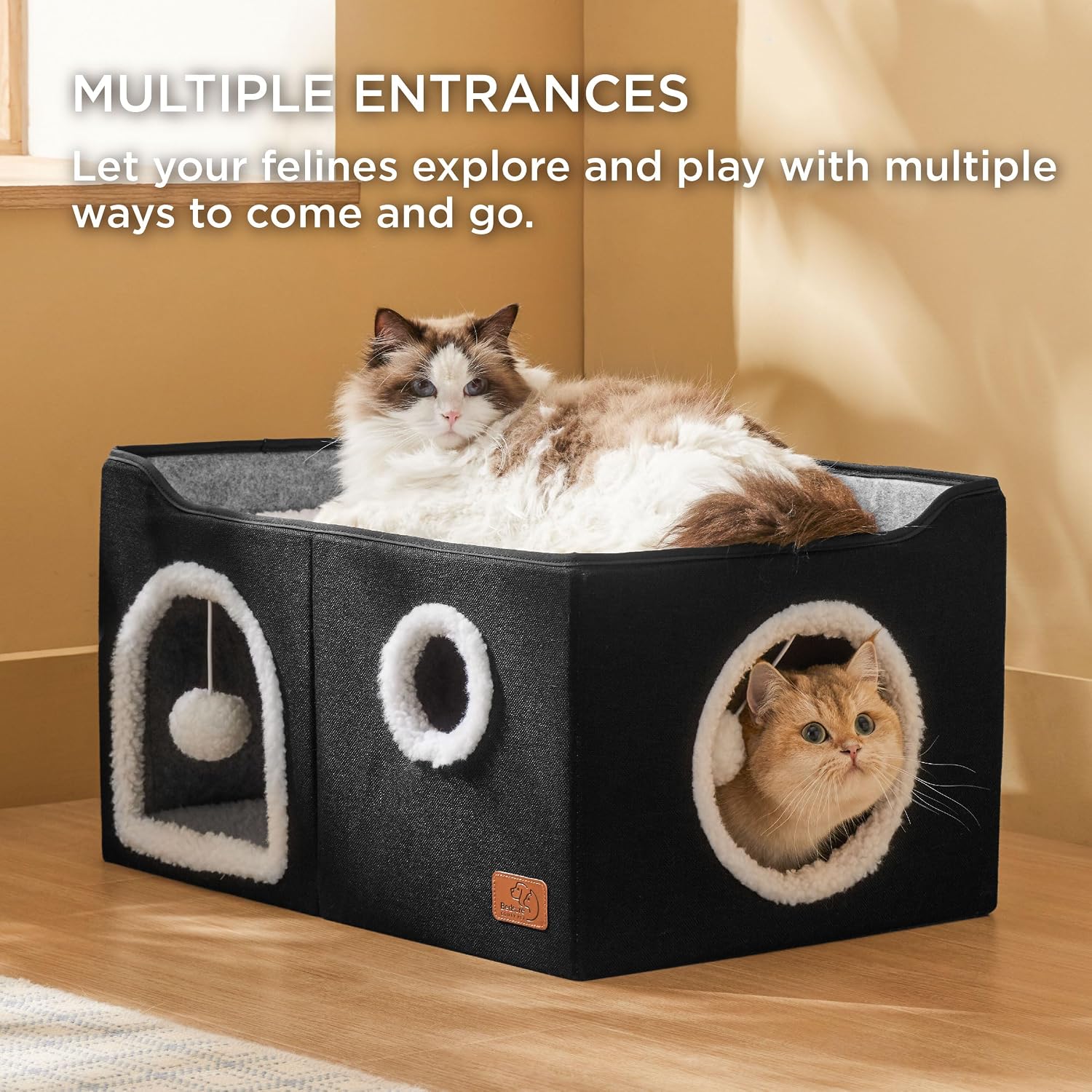 Bedsure Cat House Bed for Indoor Cats with Fluffy Ball and Scratch Pad,Grey
