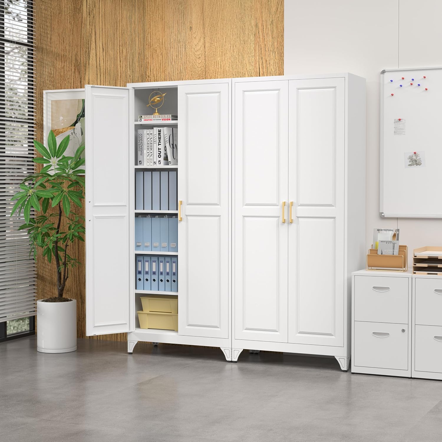 Steeloong 71"Metal Pantry Storage Cabinet with Doors & 4 Adjustable Shelves | Kitchen Pantry Cabinet,White Kitchen Cabinet with 2 Gold Handles,Tall Cabinet for Livingroom,Pantry, Bathroom,Kitchen