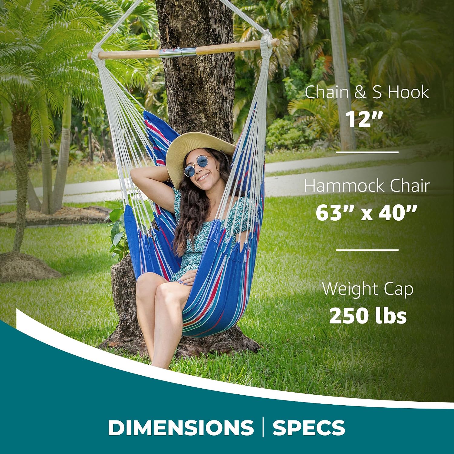 Bliss Hammocks BHC-412NT Island Rope Hammock Chair, Eco Friendly & Hand Woven, Varnish Coated 40 Inch Wood Spreader, Easy to Hang w/Included Hanging Kit, Supports up to 265 pounds, Natural Rope