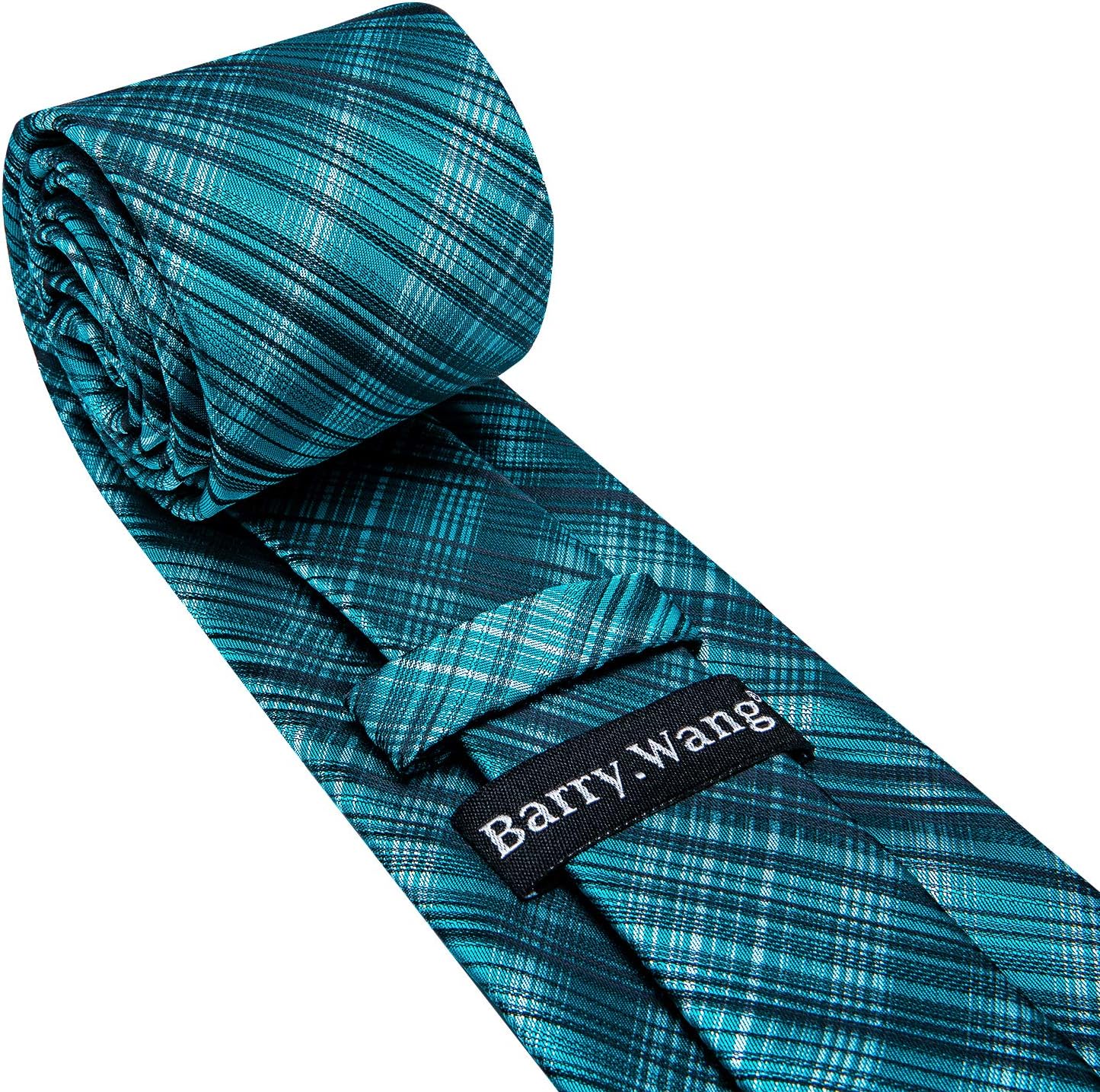 Barry.Wang Plaid Ties for Men Silk Necktie Handkerchief Cuff Links Set