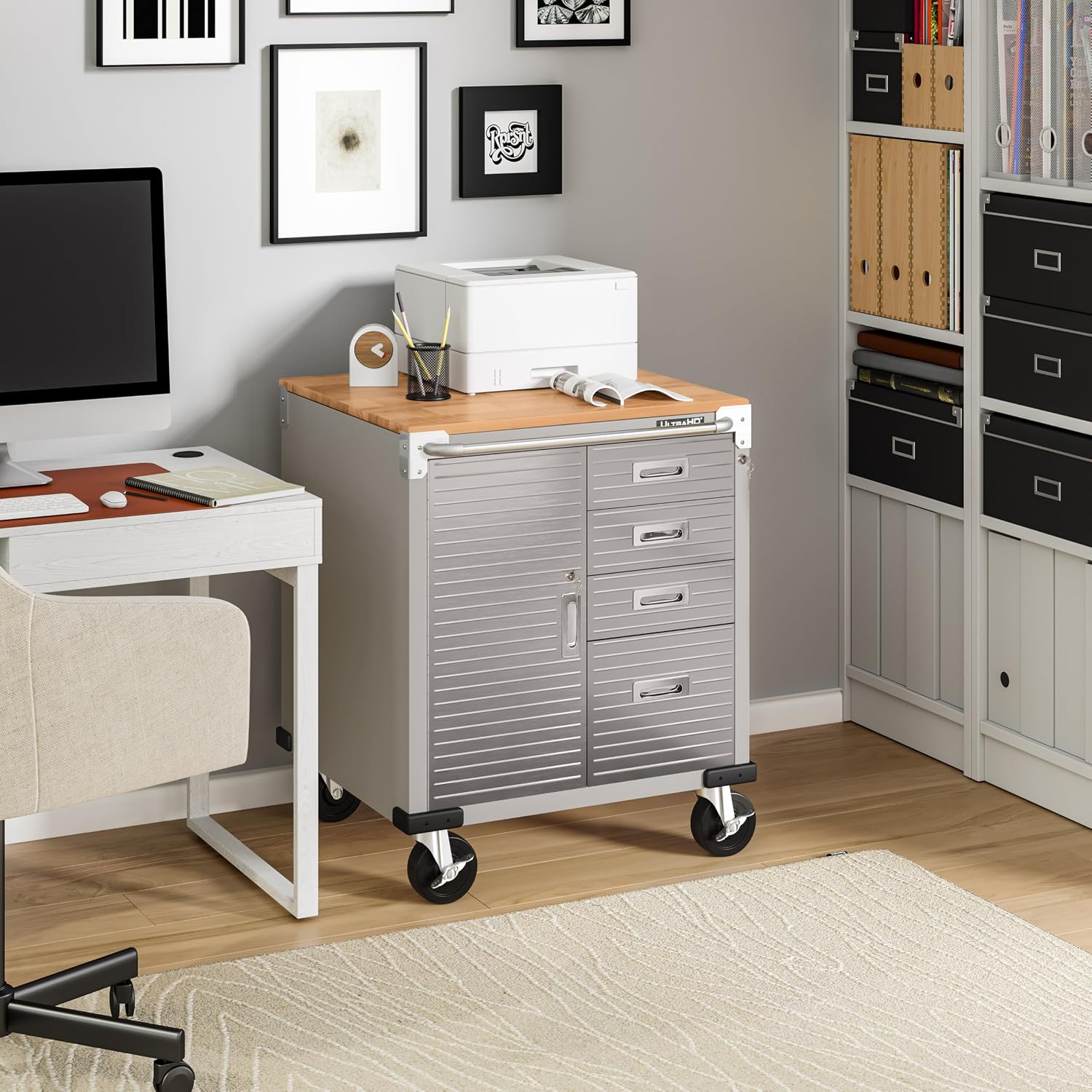 Seville Classics UltraHD Heavy Duty Rolling Cabinet Workbench Table w/Solid Wood Top, Workstation for Garage, Office, Workshop, Granite, 6-Drawer (28" W x 18" D