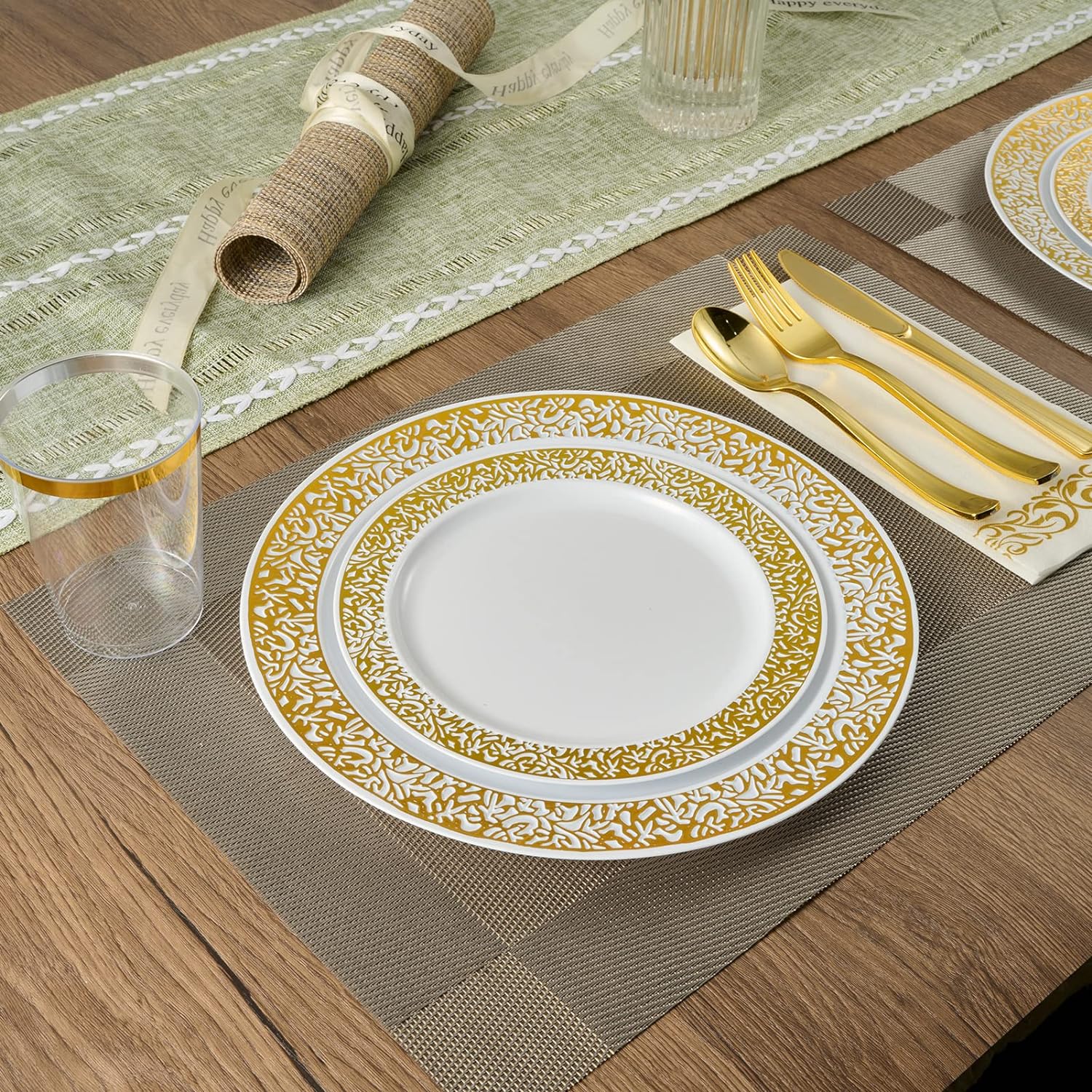 FOCUSLINE 175 Pieces Rose Gold Disposable Dinnerware Set for 25 Guests