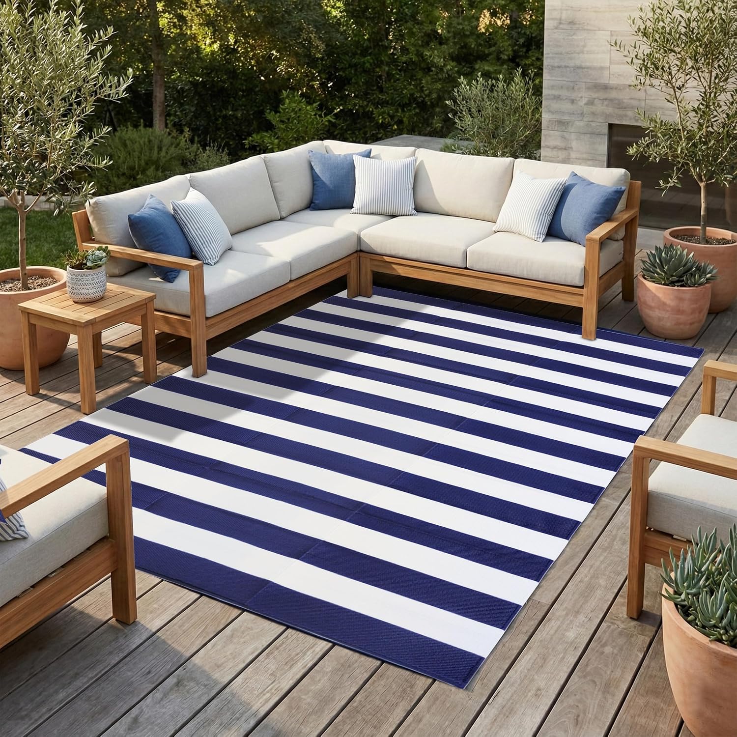FH Home Outdoor Camping Rug - Waterproof, Fade Resistant, Reversible - Premium Recycled Plastic - Striped - Large Patio, Deck, Sunroom