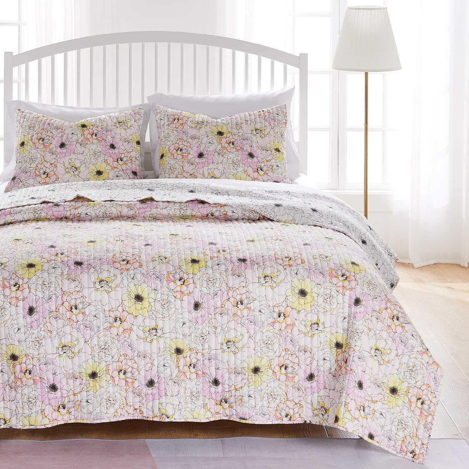 Greenland Home Fashions Ultra-Soft, Reversible, Brushed Microfiber Quilt Set, 3-Piece Full/Queen, Misty Bloom