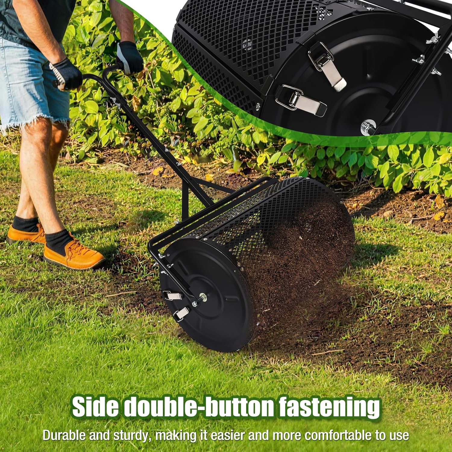 24 Inch Compost Spreader & Lawn Roller, Featuring One Mesh Roller and One 23 Gallon Hollow Roller, Push & Tow Design