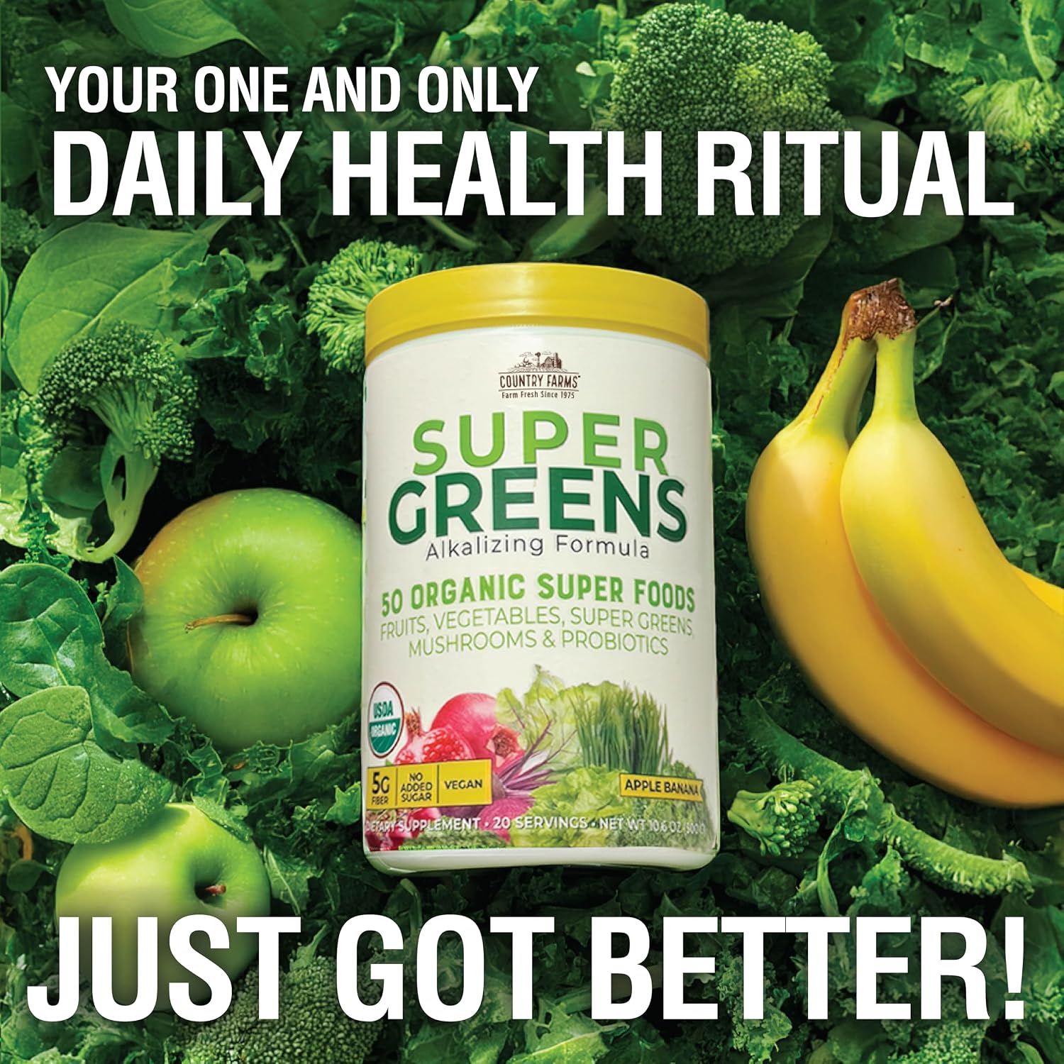 Country Farms Organic Super Greens Powder, Daily Greens Drink Mix with 50 Organic Superfoods, Fruits, Vegetables, Fiber, Mushrooms & Probiotics for Gut Health, Digestion & Energy, Berry Flavor