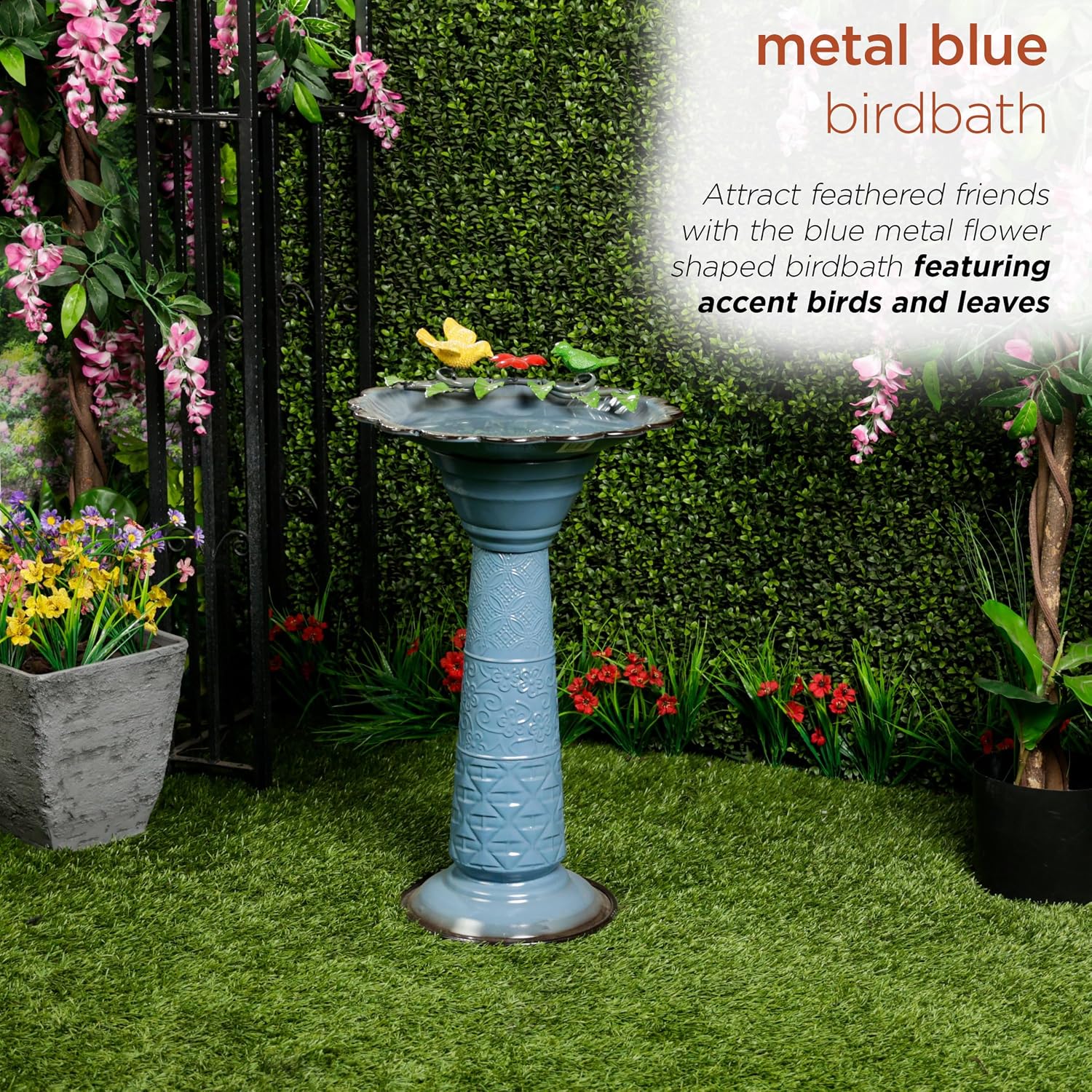 Alpine Corporation - 28" Tall Outdoor Metal Birdbath with Birds and Leaves Yard Statue Decoration, Red – Stunning Garden Accent to Attract Birds - Durable Construction for Patio, Deck, or Yard