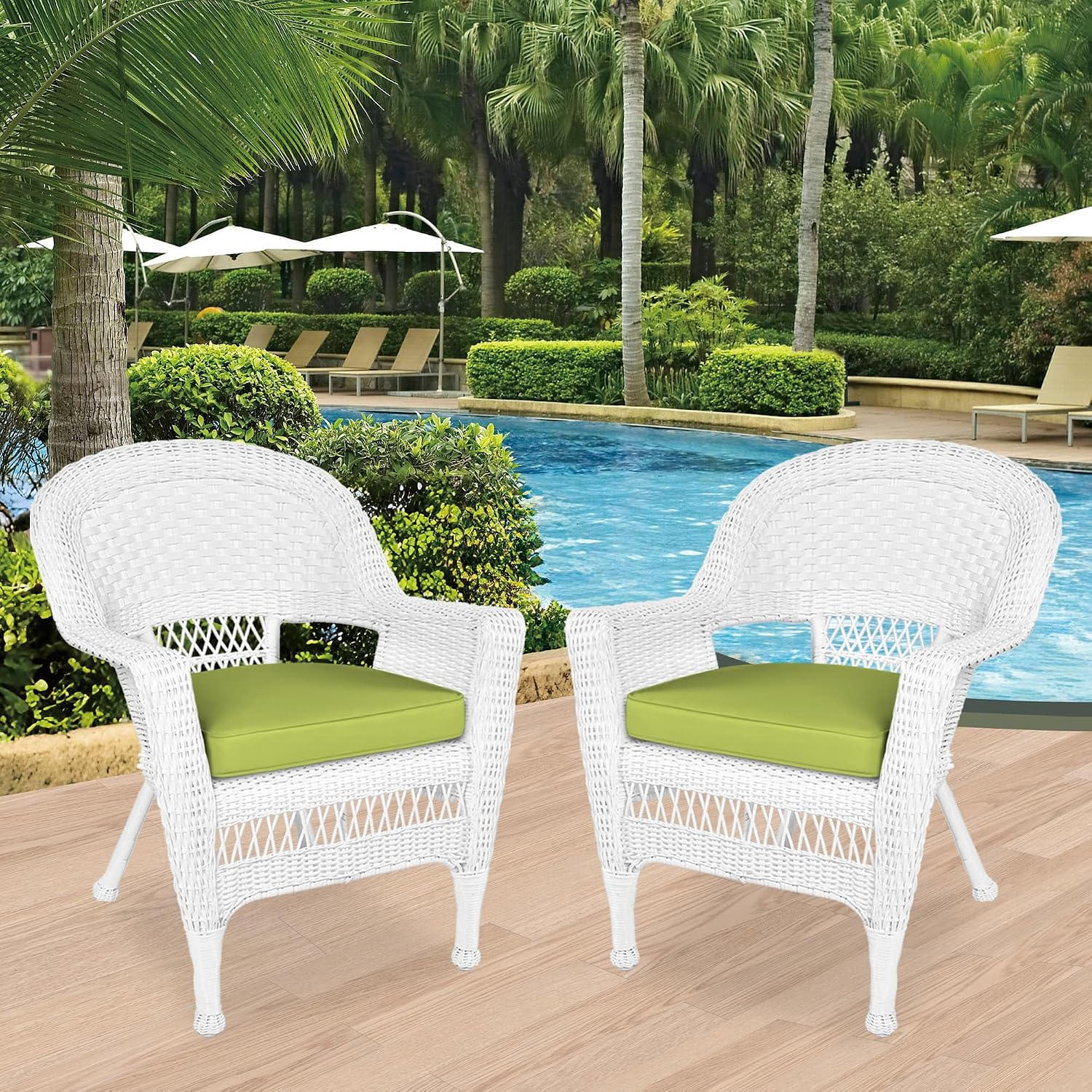 Jeco Wicker Chair with Green Cushion, Set of 2, White/W00206-