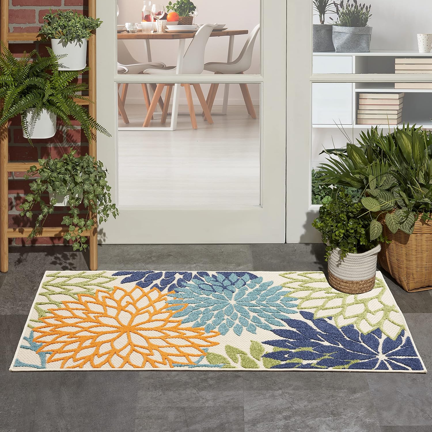 Nourison Home Aloha Indoor/Outdoor Black White 2'8" x 4' Area Rug, Tropical, Botanical, Easy Cleaning, Non Shedding, Bed Room, Living Room