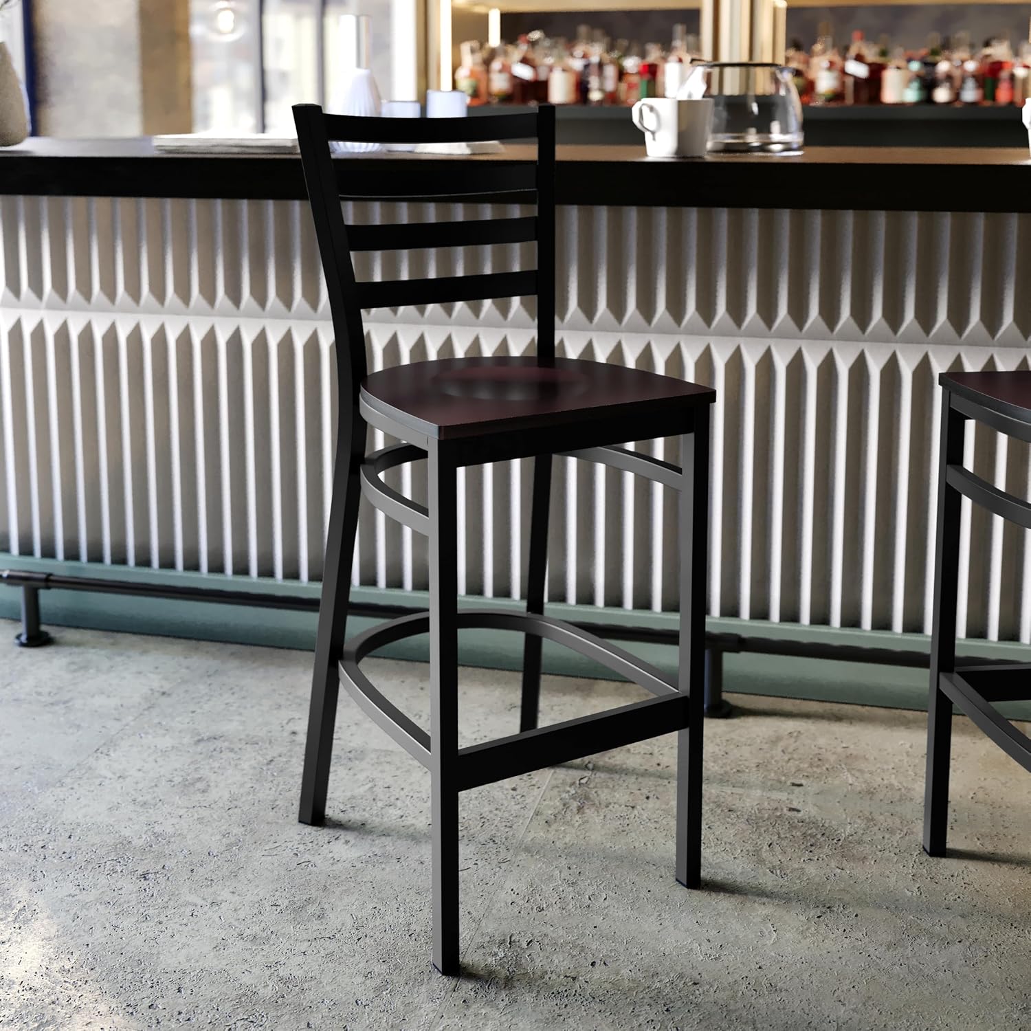 Flash Furniture Hercules Series Ladder Back Metal Restaurant Barstool, Modern Upholstered Armless Bar Height Chair for Restaurants and Kitchens, Black | Vinyl Upholstery, Durable Construction, Commercial Use