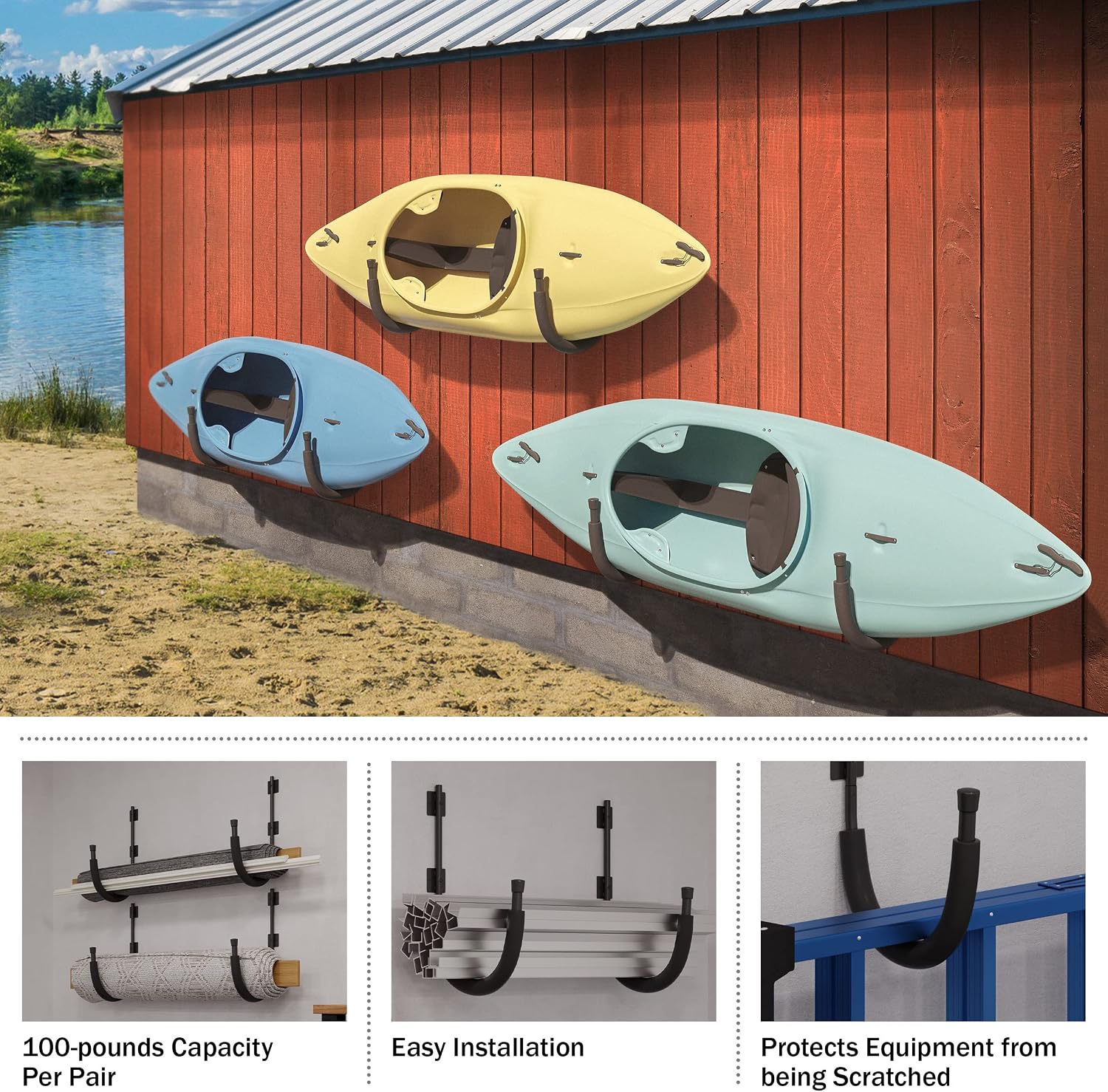 2-Pack of Kayak Storage Hook Sets - Kayak Wall Mount Hangers with 100lb Capacity Per Pair for Paddleboards, Surfboards,