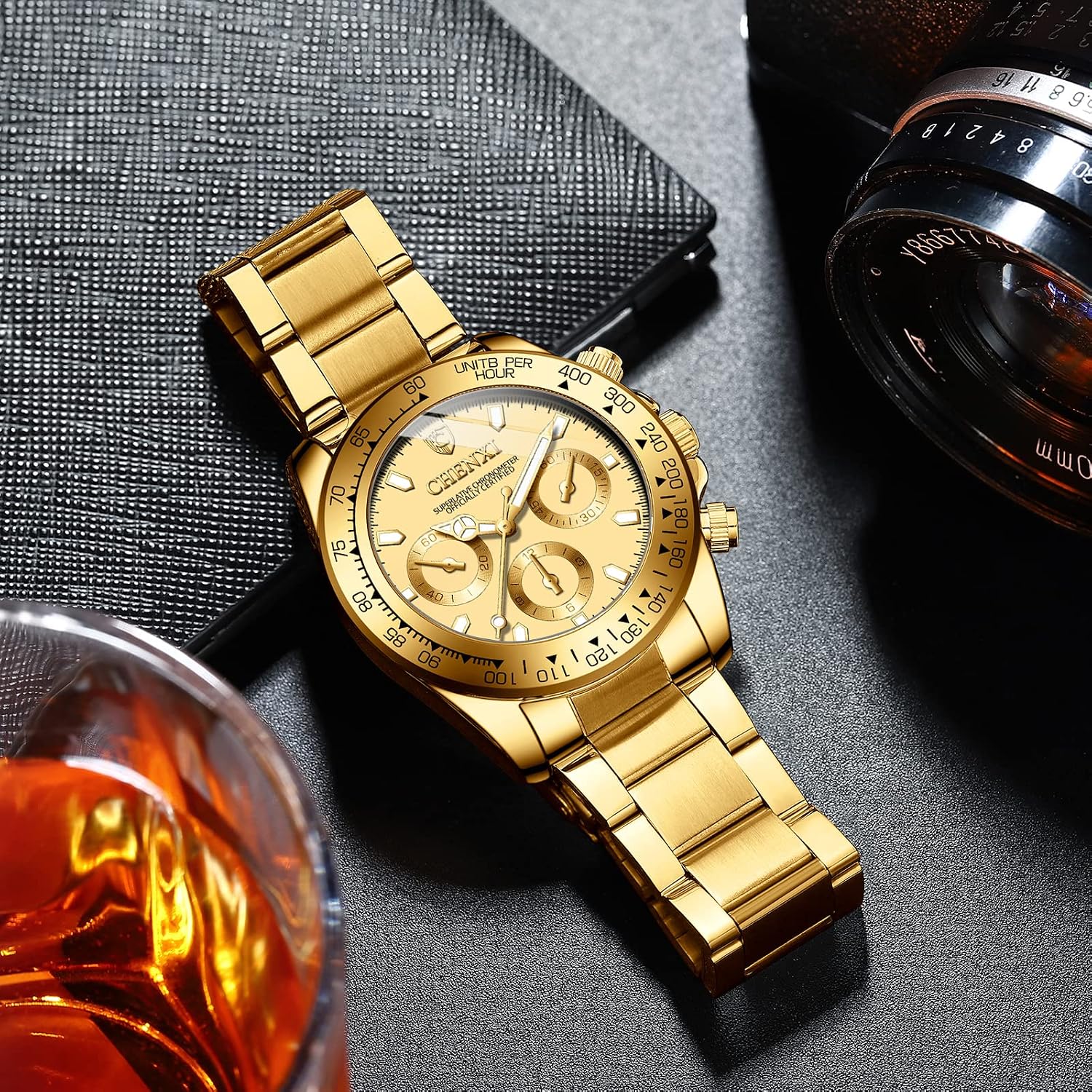 DREAMING Q&P Fq-005 Classic Style Gold Stainless Steel Mens Wrist Watches with Crystals for Man