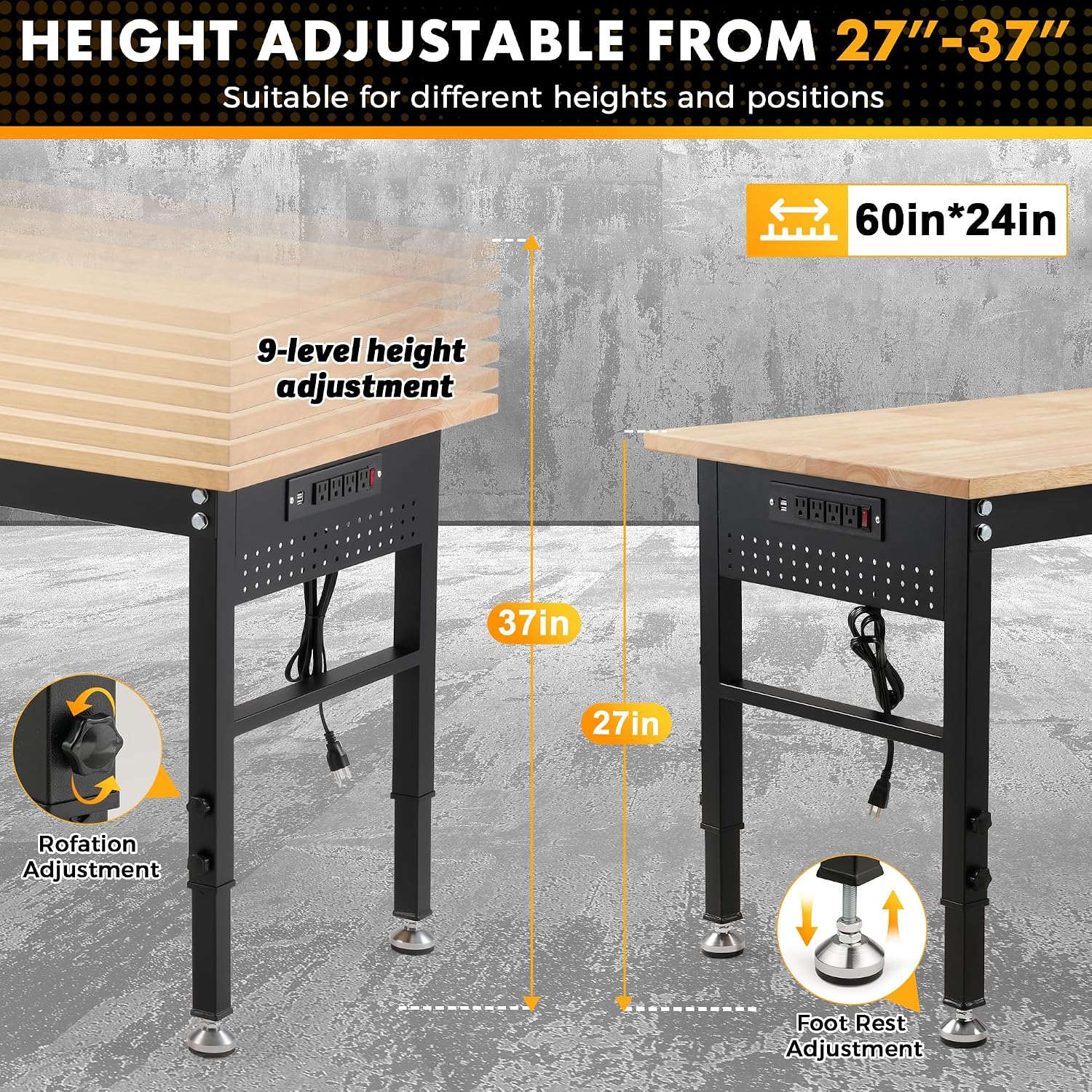 48" Adjustable Rubberwood Workbench with Foldable Extension Board & Power Outlet, Extra Large 48x32In 9-Level Height 27"-37", 2000 LBS Heavy Duty for Workshop Garage Office Home