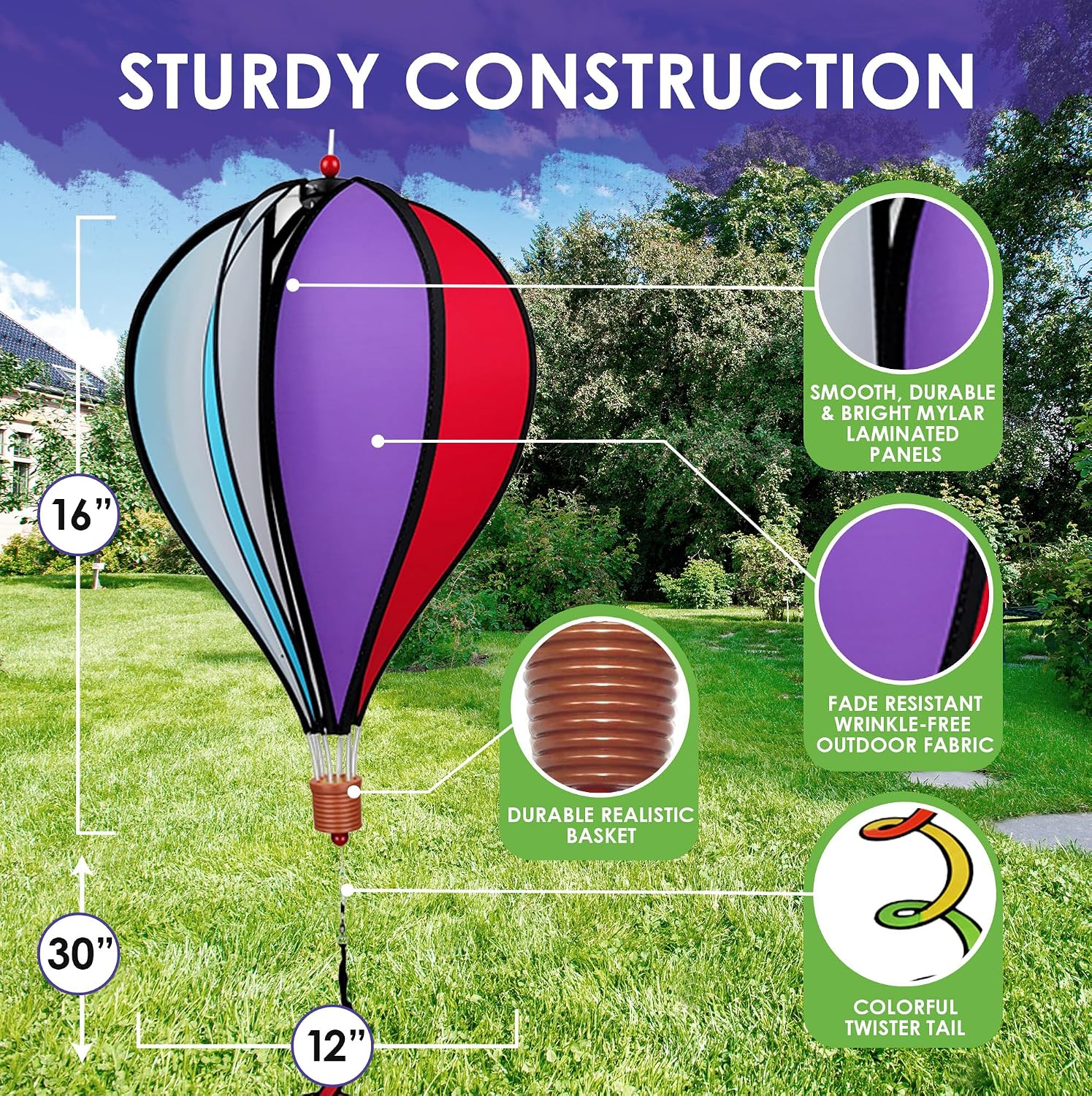 Hot Air Balloon Hanging Garden Spinner 16" - Vibrant Patriotic Design, Weather-Resistant Outdoor Decor, Durable & Lightweight for Patios, Yards, and Gardens - Eye-Catching Wind Spinner