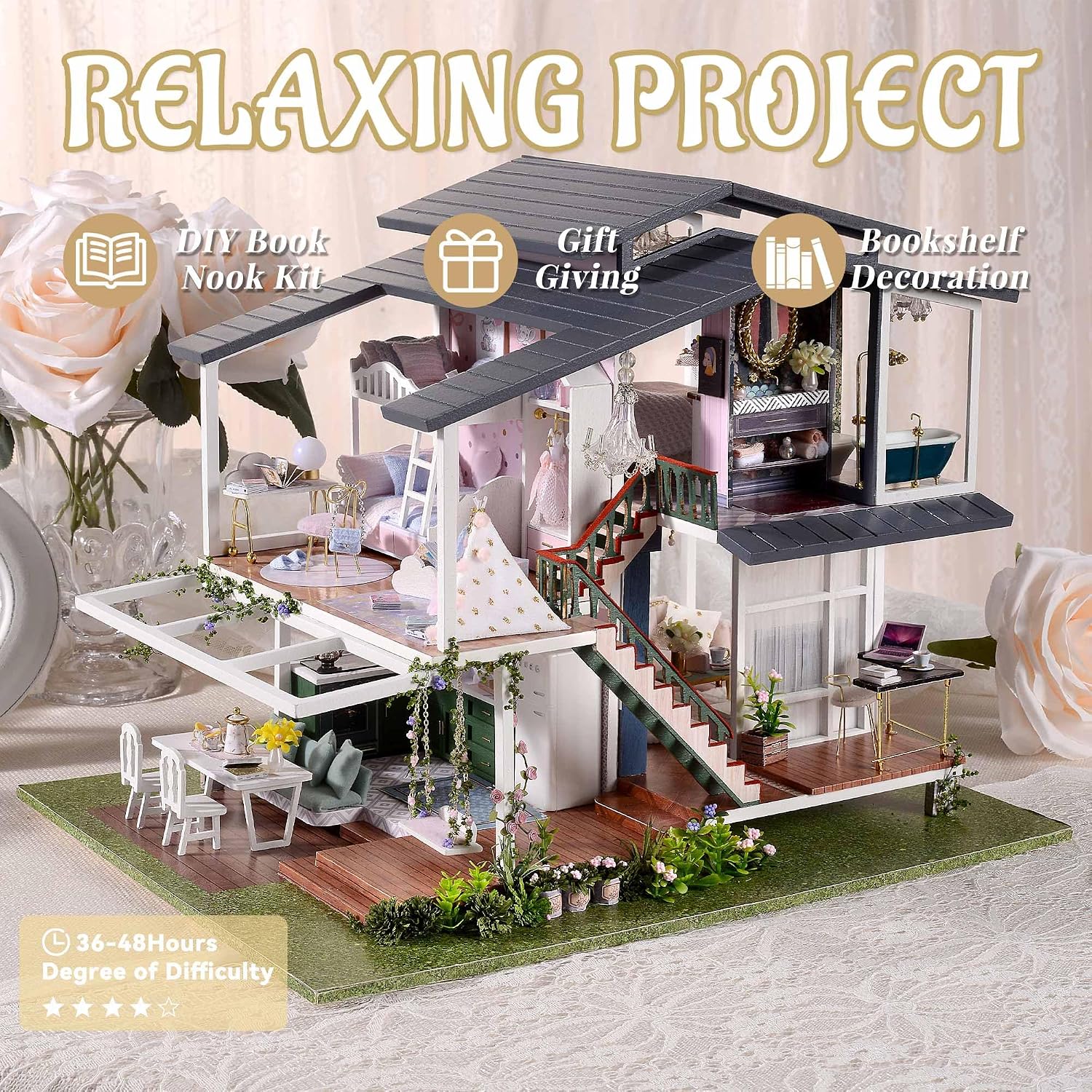 Flever Dollhouse Miniature DIY House Kit Manual Creative with Furniture for Romantic Artwork Gift (Perfect Time Apartment)
