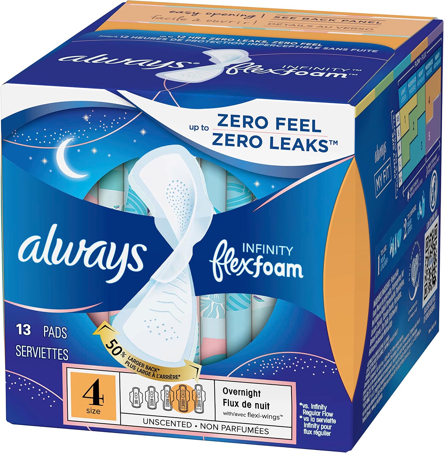 Always Infinity Feminine Pads for Women, Flexfoam Pads with Wings, Size 4, Overnight Absorbency, Unscented, 38 Count