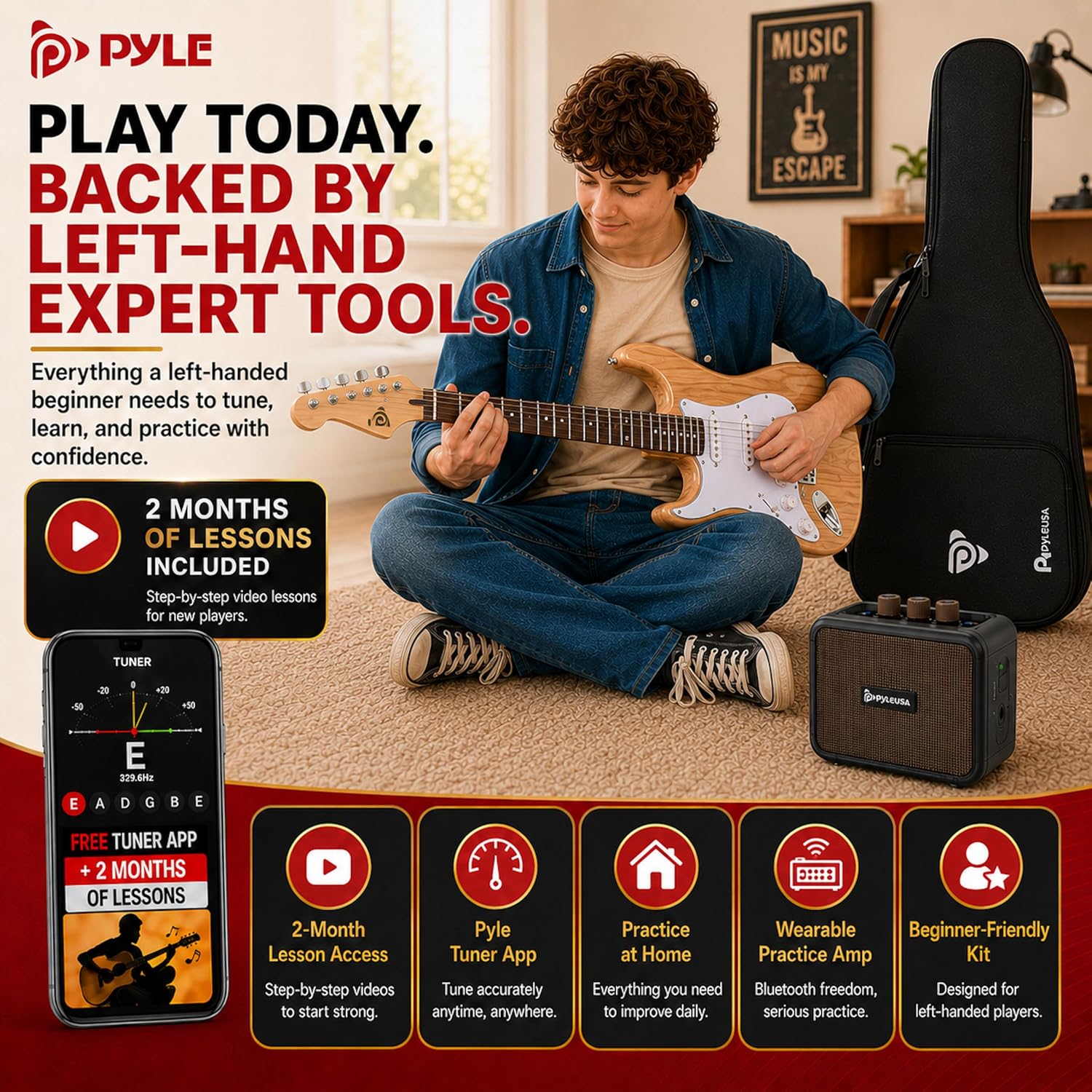 Pyle Electric Guitar and Amp Kit - Full Size 39" Complete Starter Kit with Wearable Bluetooth Amplifier, 1/4” Cable, Carry Case, Strap, Strings, Picks, Cleaning Cloth, ST-Style Pickups (Black)