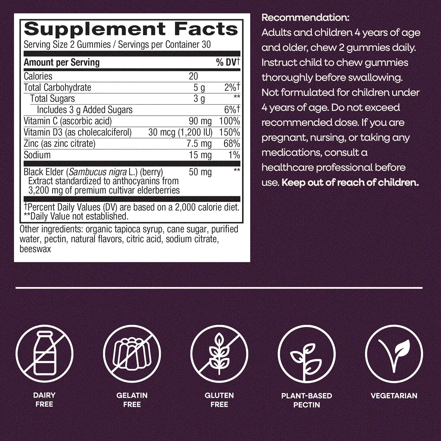 Nature's Way Sambucus Elderberry Gummies for Immune Support* Ages 4+, 60 ct | Immune Gummy with Black Elderberry Extract, Vitamin C, D3, Zinc