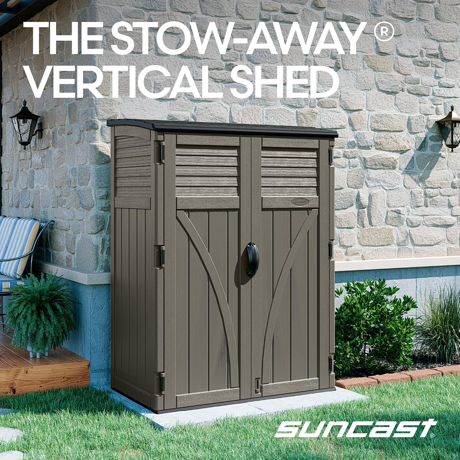 Suncast Outdoor Storage Shed, Water Resistant Resin Vertical Outdoor Storage Cabinet for Patio, Garden Tools, Cushions, & Equipment, Weatherproof Multi-Wall Design, 54 cu. ft., Made in USA