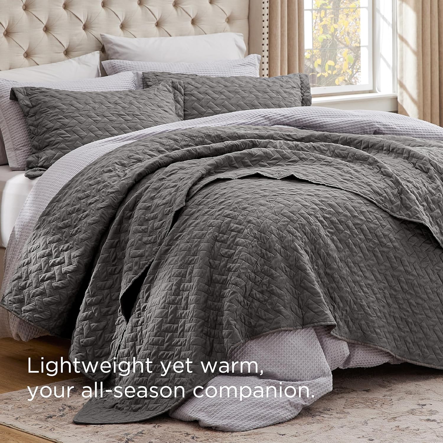 Bedsure Quilts Queen Size - Grey Bedspreads Queen Size with Basket Weave Pattern, Soft Quilt Bedding Set, Lightweight Comforter Set Coverlet for All Seasons with 2 Pillow Shams (90" x 96")