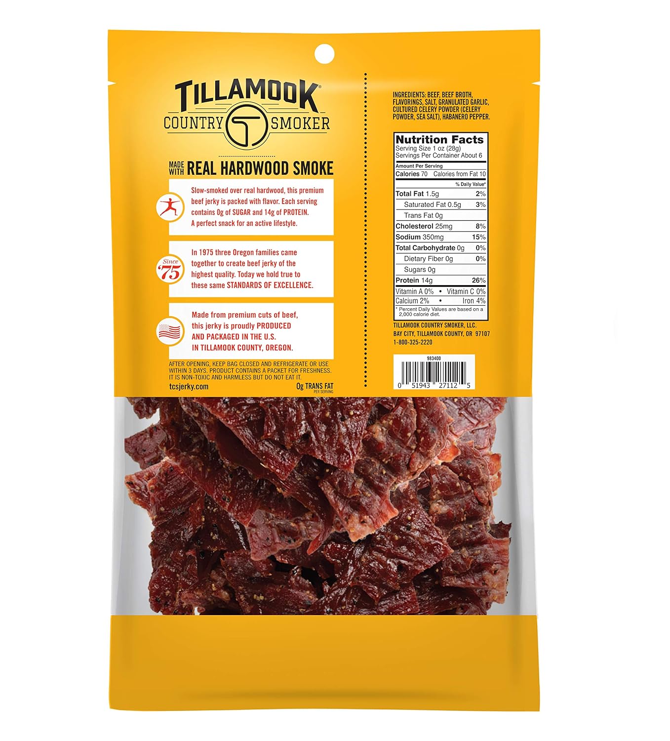 Tillamook Country Smoker Zero Sugar Original Beef Jerky Sticks, 6.5 Oz, 14g Protein, Real Hardwood Slow-Smoked, High Protein, Low Carb Meat Snacks, Keto-Friendly, 0g Sugar & Total Carbs