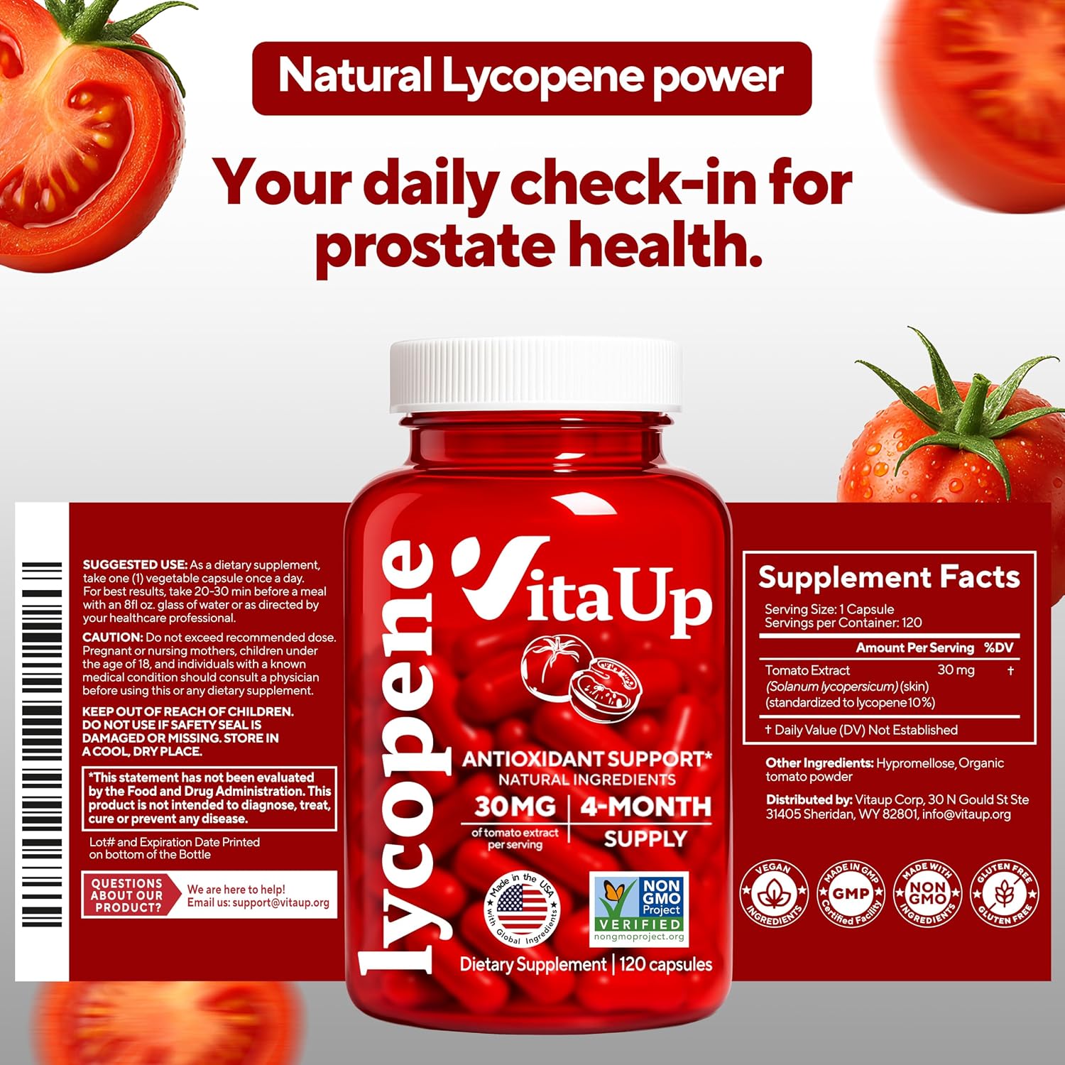 VitaUp Lycopene Supplements for Men – USA Made Prostate Supplements for Men with Natural Tomato Extract – Non-GMO Lycopene Supplement for Normal