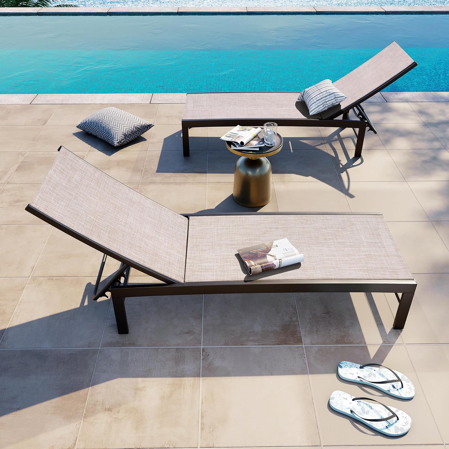 Crestlive Products Outdoor Pool Lounge Chairs Set of 2 with Side Table, Adjustable Five-Position Recliner for Beach, Pool, Sunbathing, Lawn