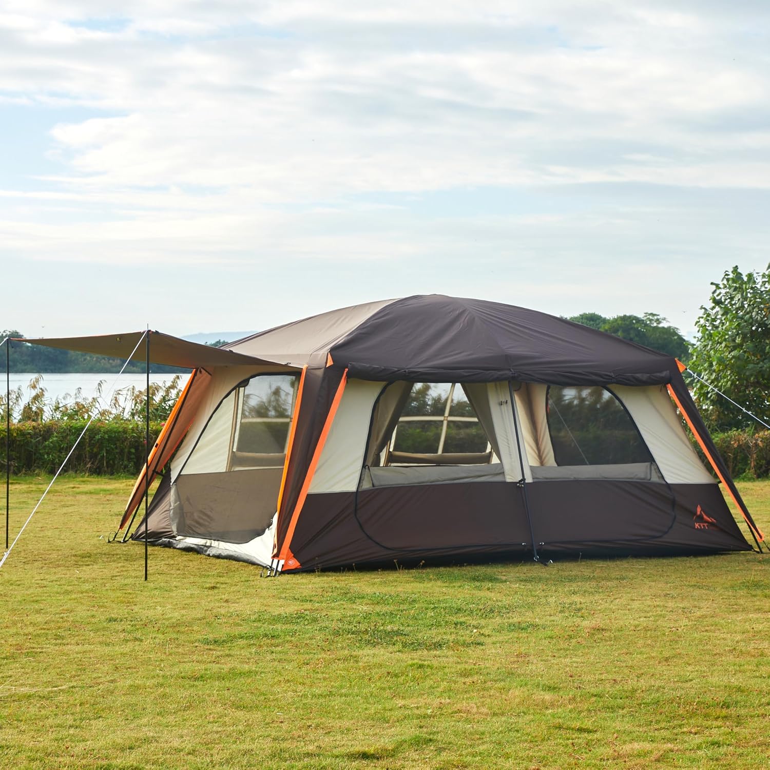 KTT Extra Large Tent 12-14 Person, Family Cabin Tents, 2 Rooms, Straight Wall, 2 Doors 4 Windows with Mesh, Waterproof, Double Layer
