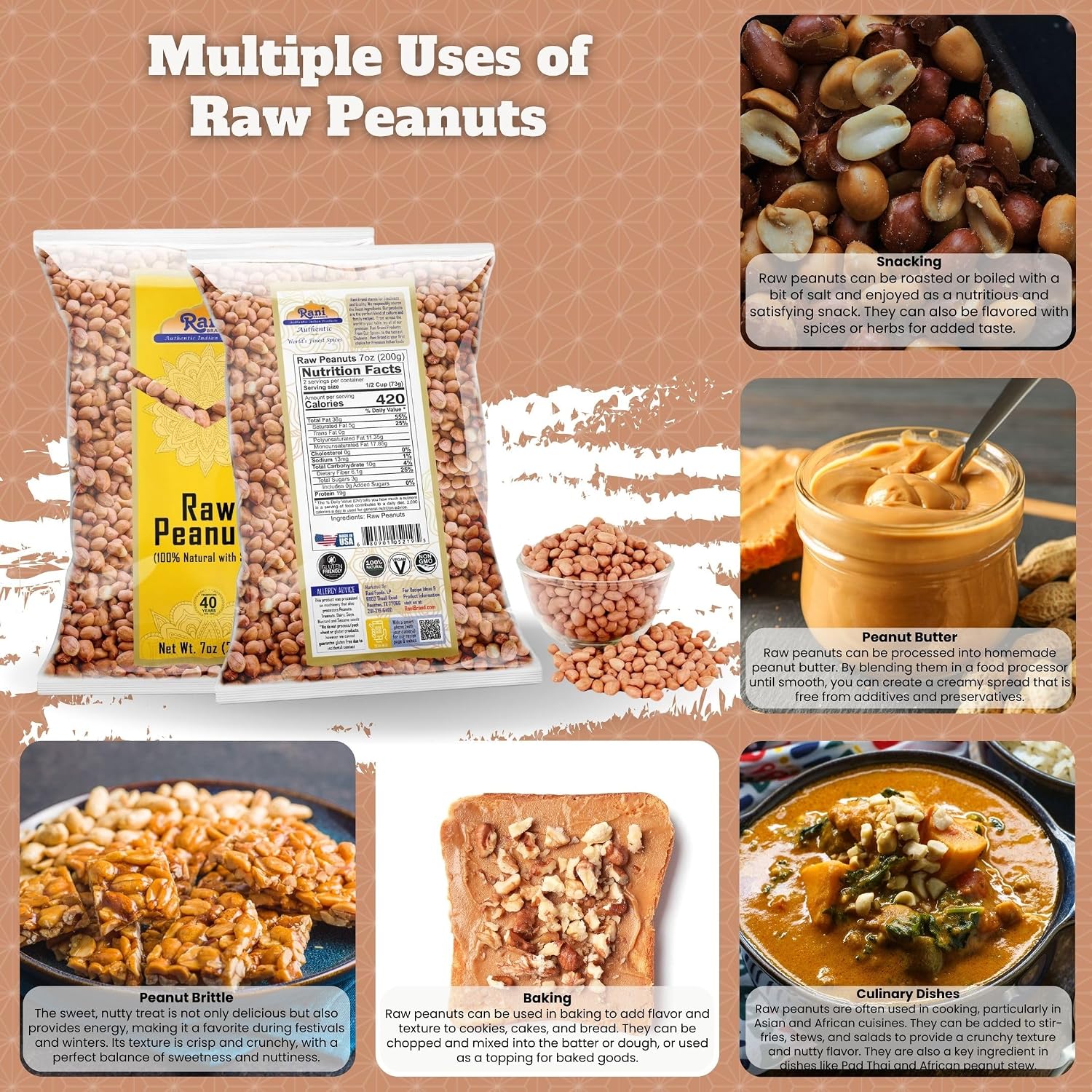 Rani Peanuts, Raw Whole With Skin (uncooked, unsalted) 14oz (400g) ~ All Natural | Vegan | Kosher | Gluten Friendly | Fresh Product of USA ~ Spanish Grade Groundnut/Red-skin